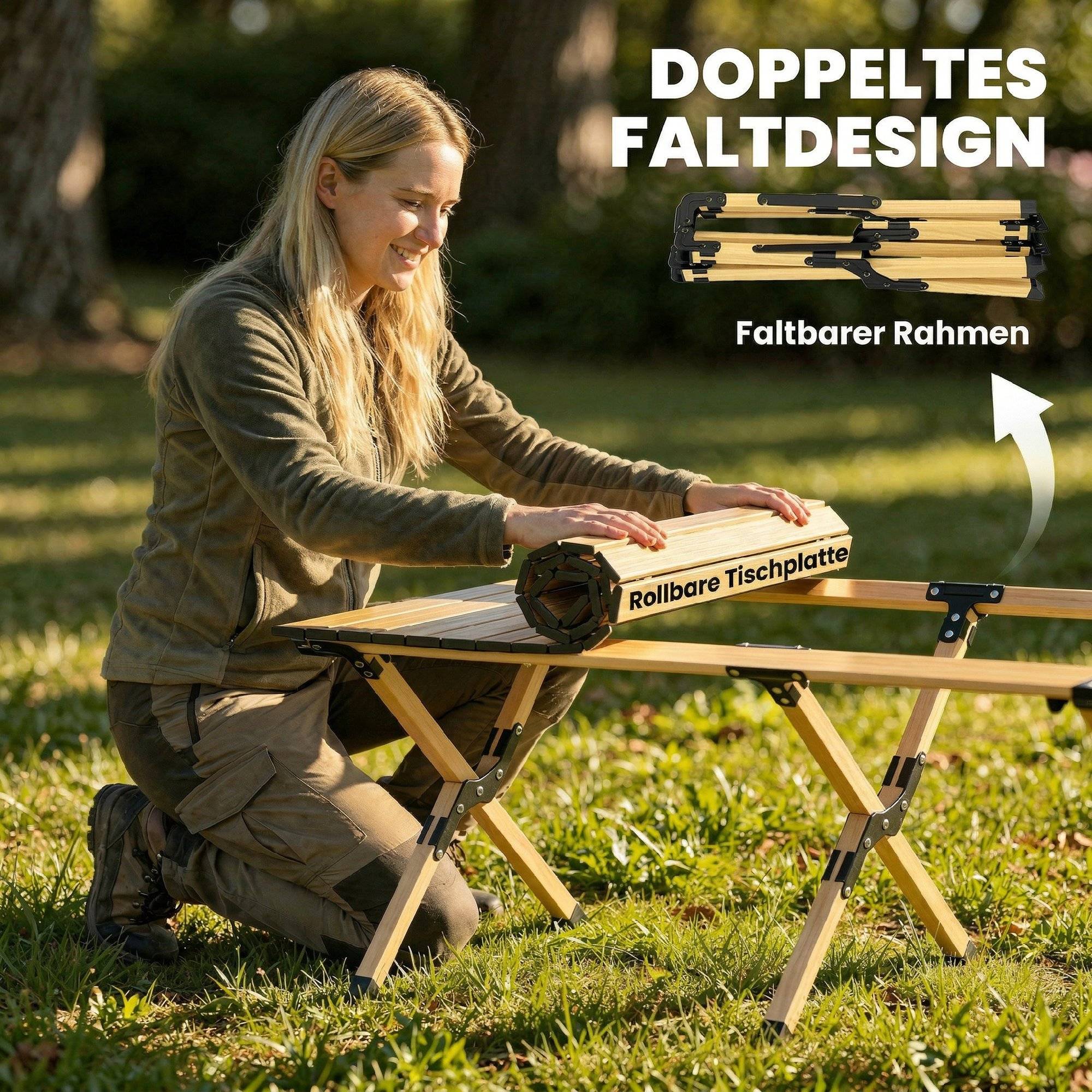 ComfortXL - Table camping pliante aluminium plateau enroulable aspect bois chêne extérieur 117x60x44 - ComfortXL Outdoor Living - Image 6