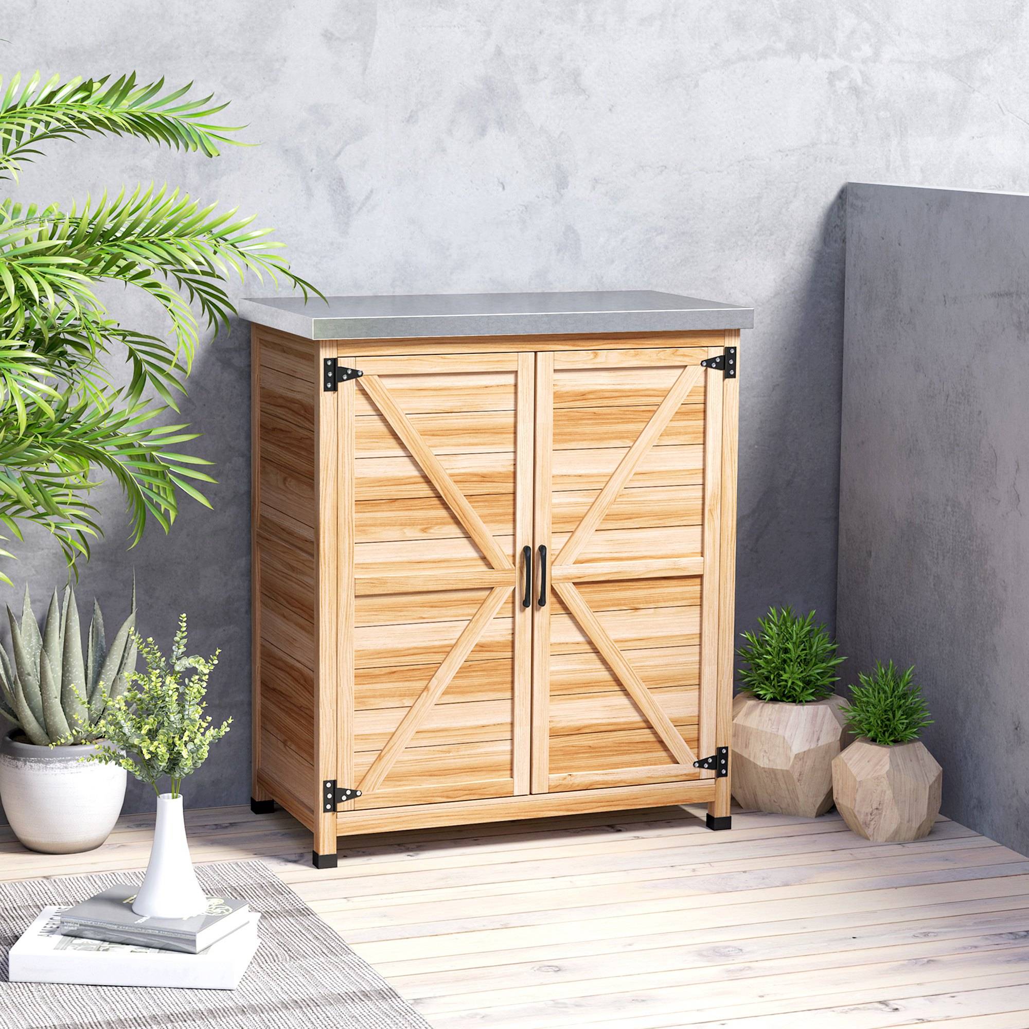 ComfortXL - Armoire de jardin en bois de sapin 79 x 43 x 92 cm naturel plateau galvanisé double porte pour rempotage - Image 8
