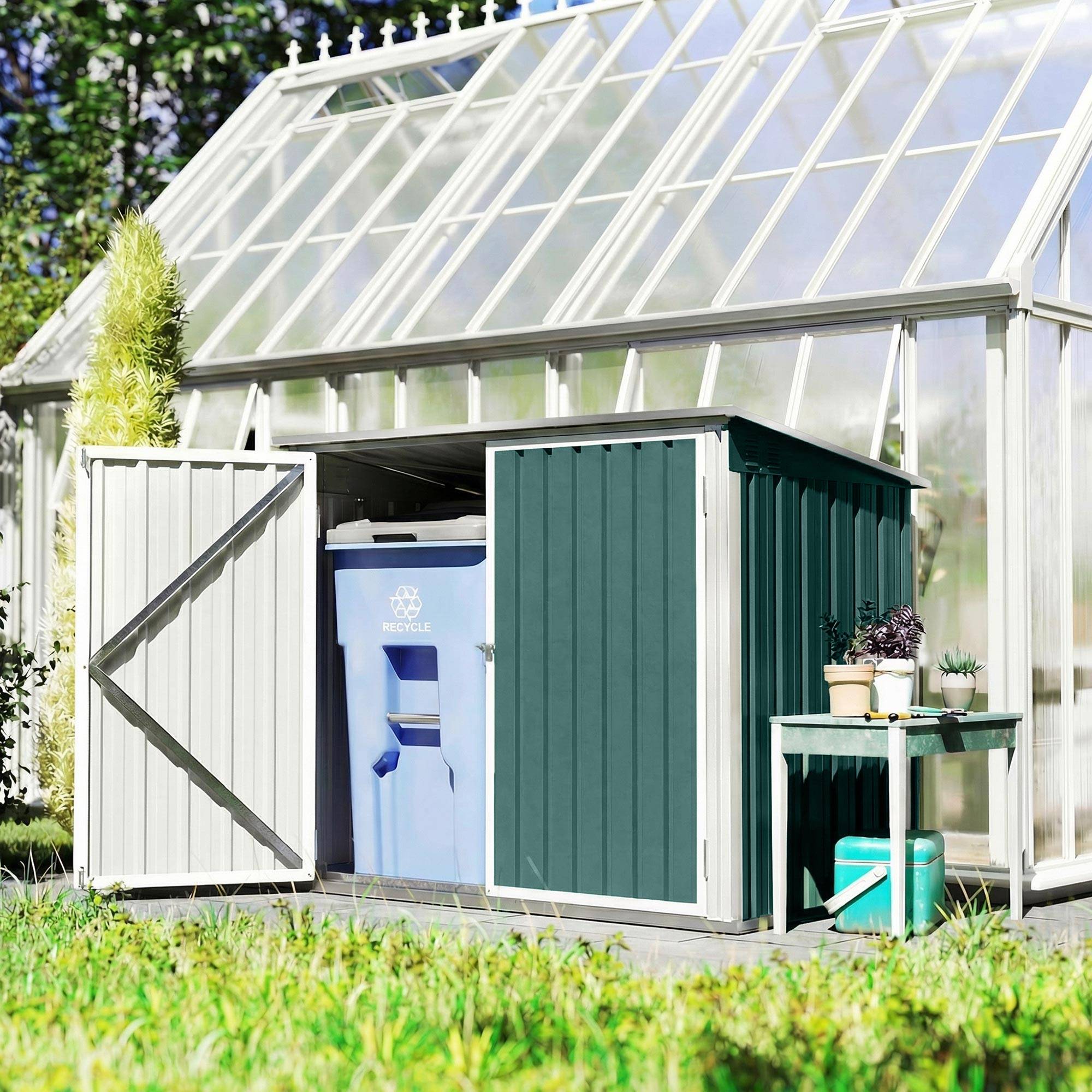 Cache-poubelles double acier galvanisé extérieur rangement bacs 180x108x130cm vert - ComfortXL Outdoor Living - Image 10