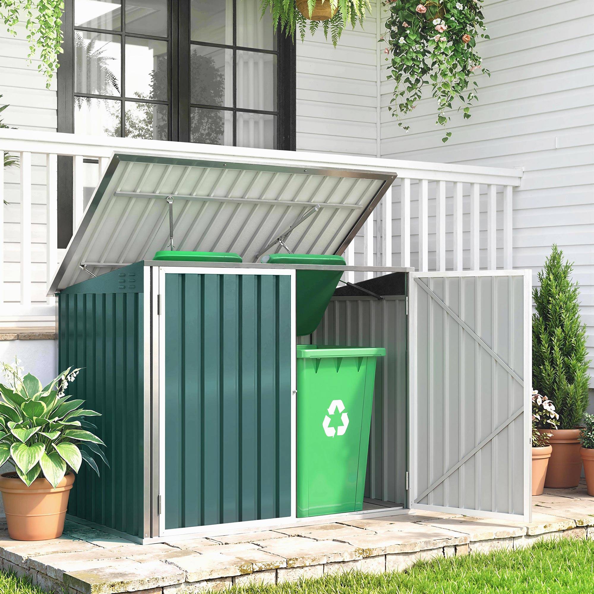 Cache-poubelles double acier galvanisé extérieur rangement bacs 180x108x130cm vert - ComfortXL Outdoor Living - Image 3