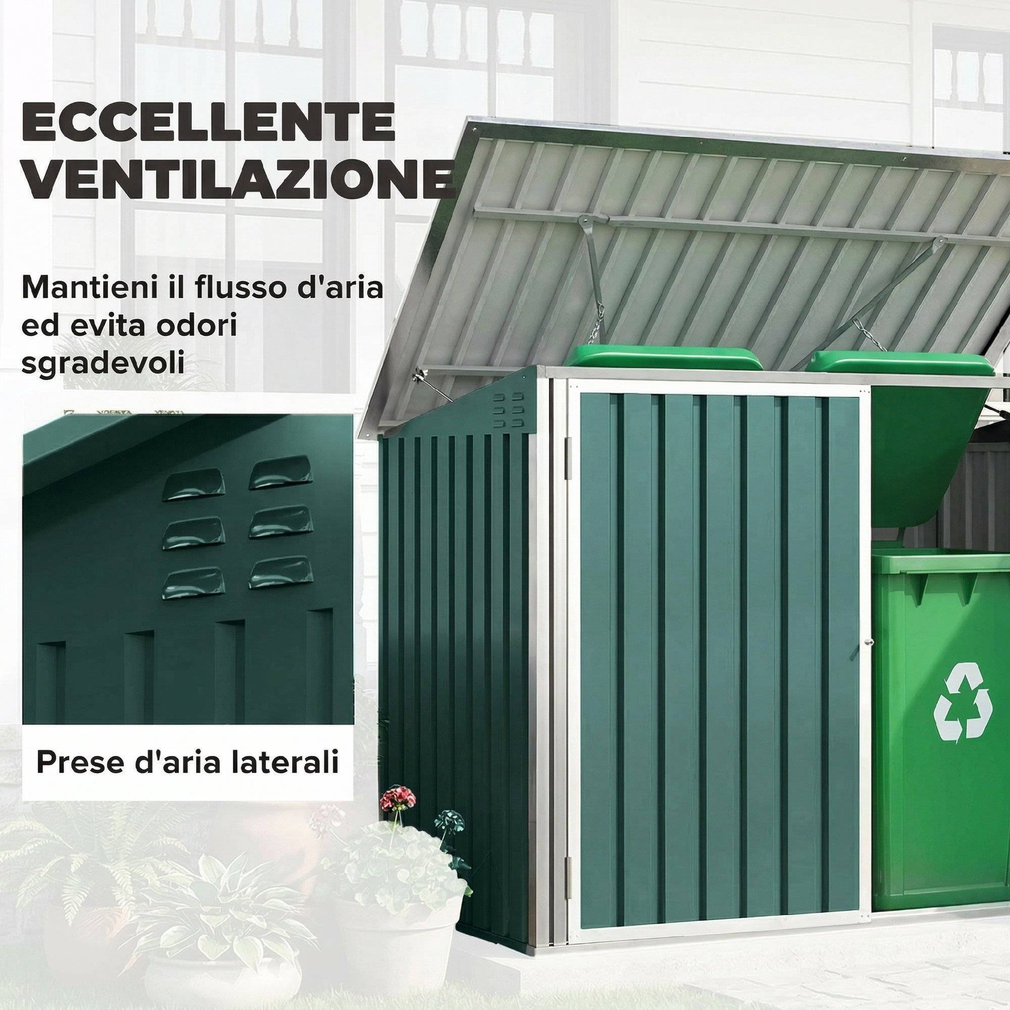 Cache-poubelles double acier galvanisé extérieur rangement bacs 180x108x130cm vert - ComfortXL Outdoor Living - Image 8