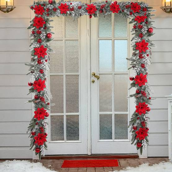 Couronne de décoration de Noël de 1,8m, couronne imitation pin, peut être suspendue, avec des baies rouges, convient pour la porte d'entrée, le jardin - Image 4