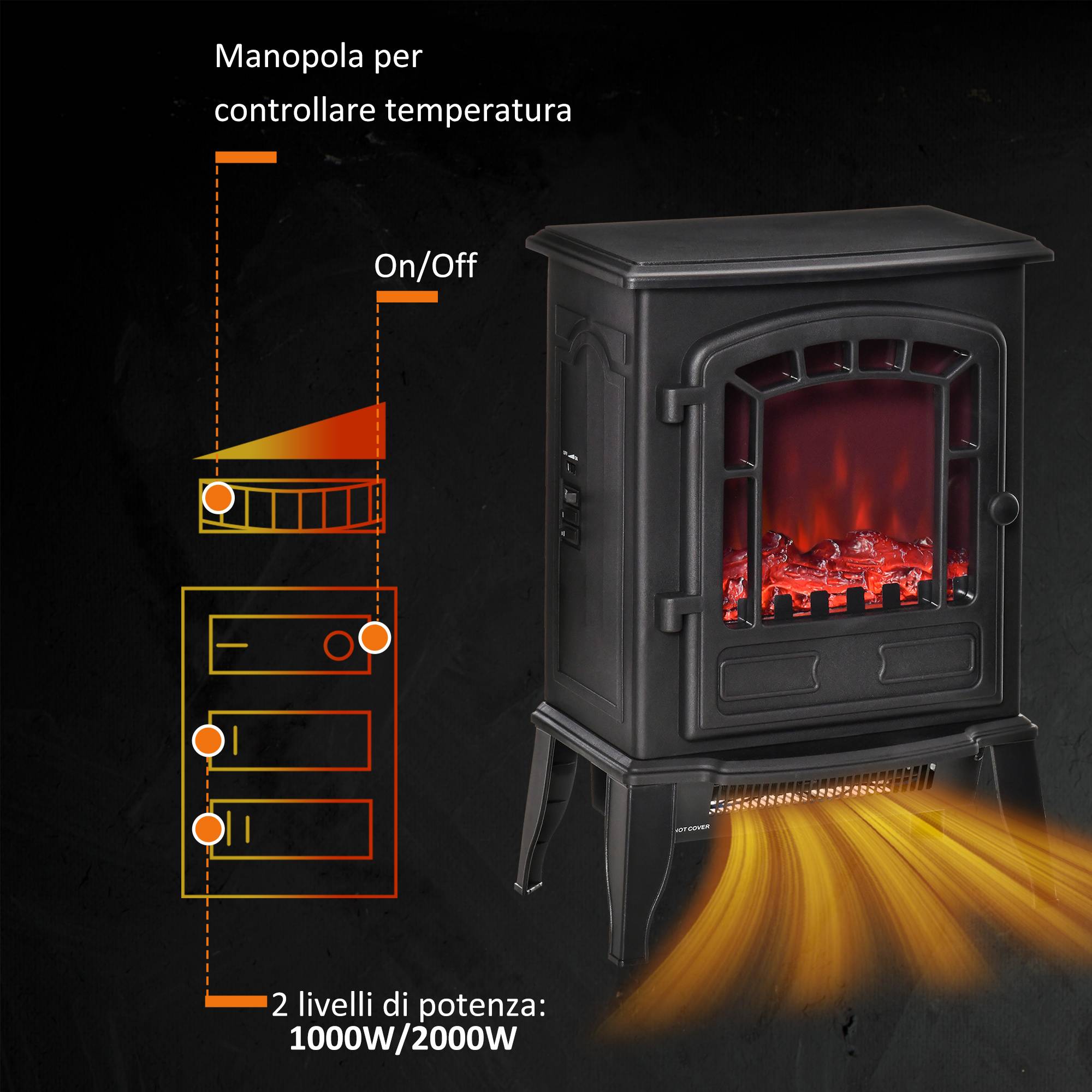 Cheminée électrique 1000/2000 W, effet flamme, température réglable, protection surchauffe, 20-25 m², 39 x 24 x 56,5 cm, noire - Image 6