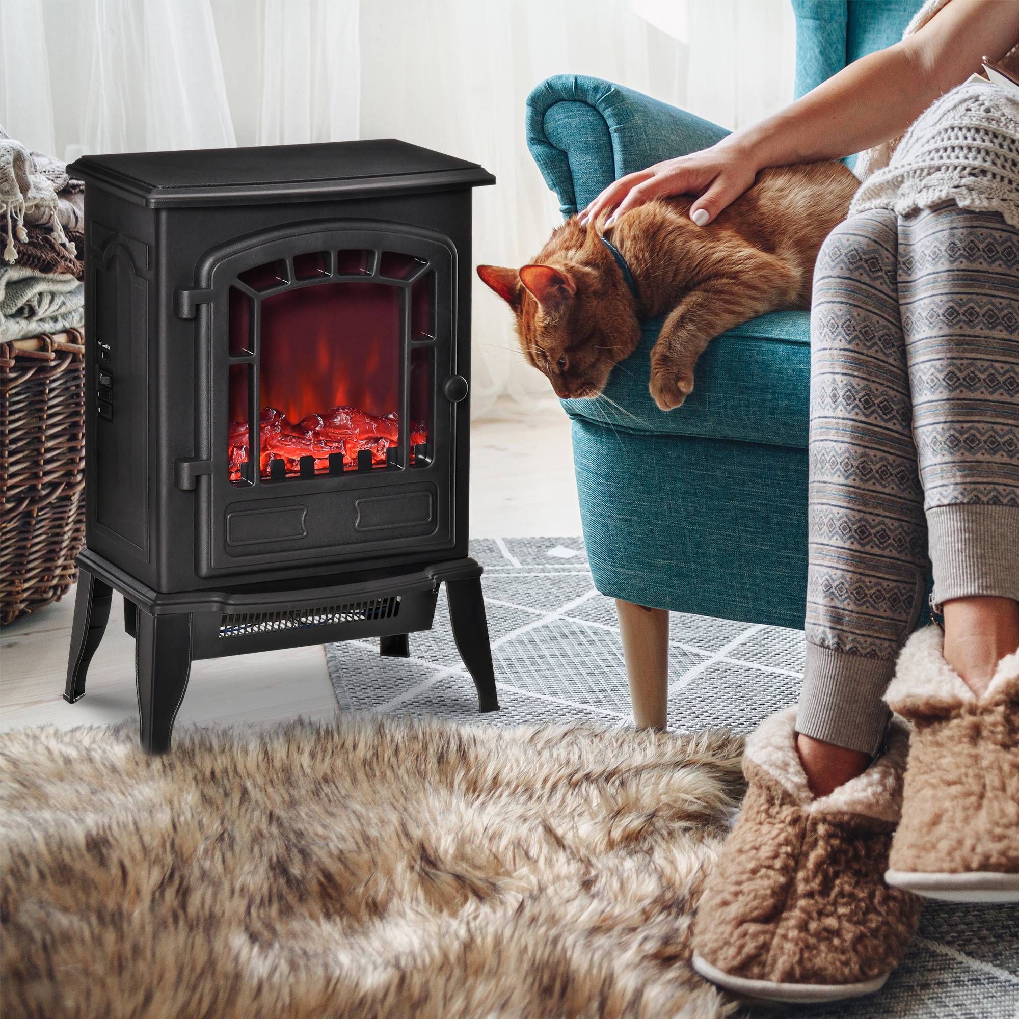 Cheminée électrique 1000/2000 W, effet flamme, température réglable, protection surchauffe, 20-25 m², 39 x 24 x 56,5 cm, noire - Image 3