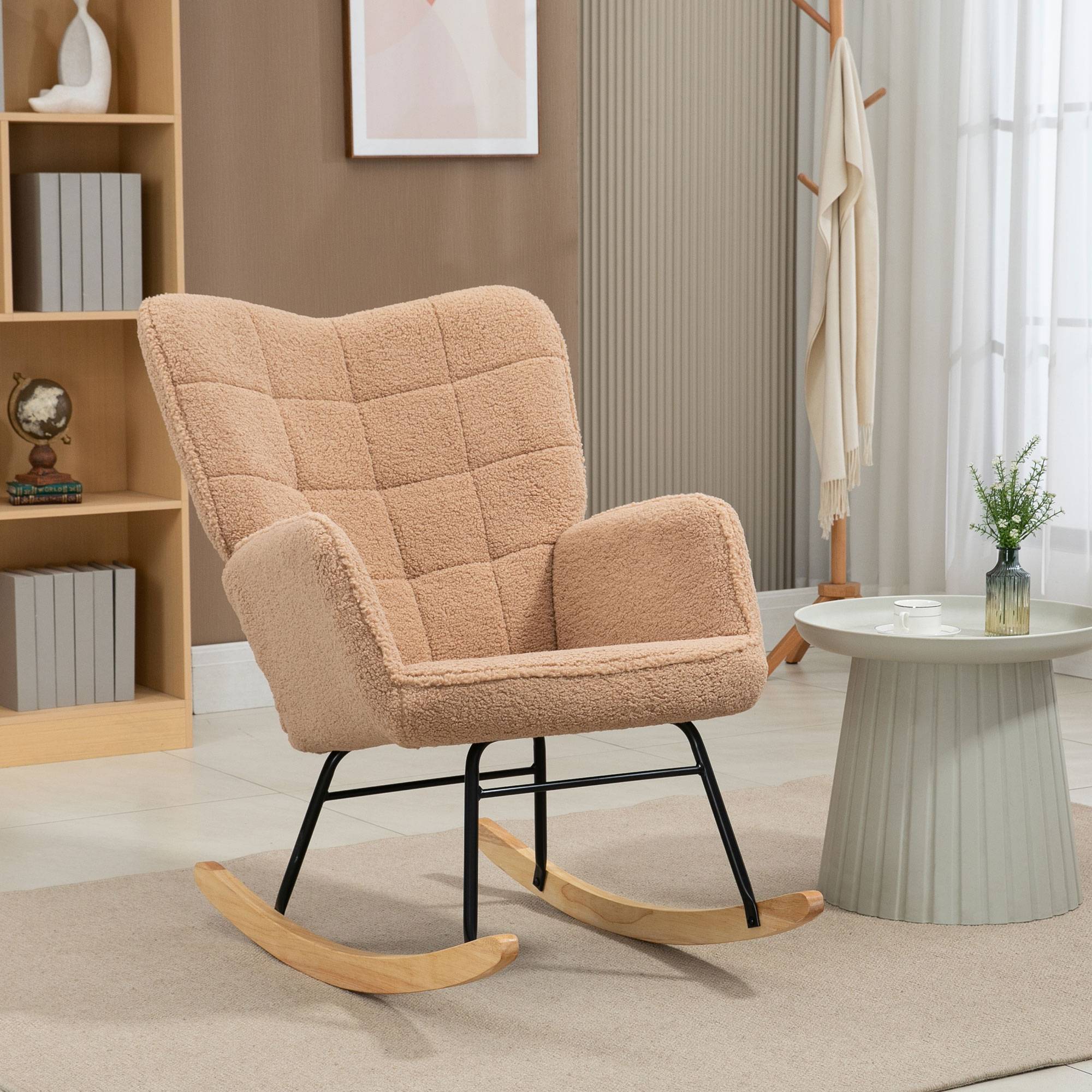Sans Marque - Fauteuil à bascule rocking chair revêtement effet laine bouclée, structure en acier 71 x 98 x 101 cm marron - Image 3