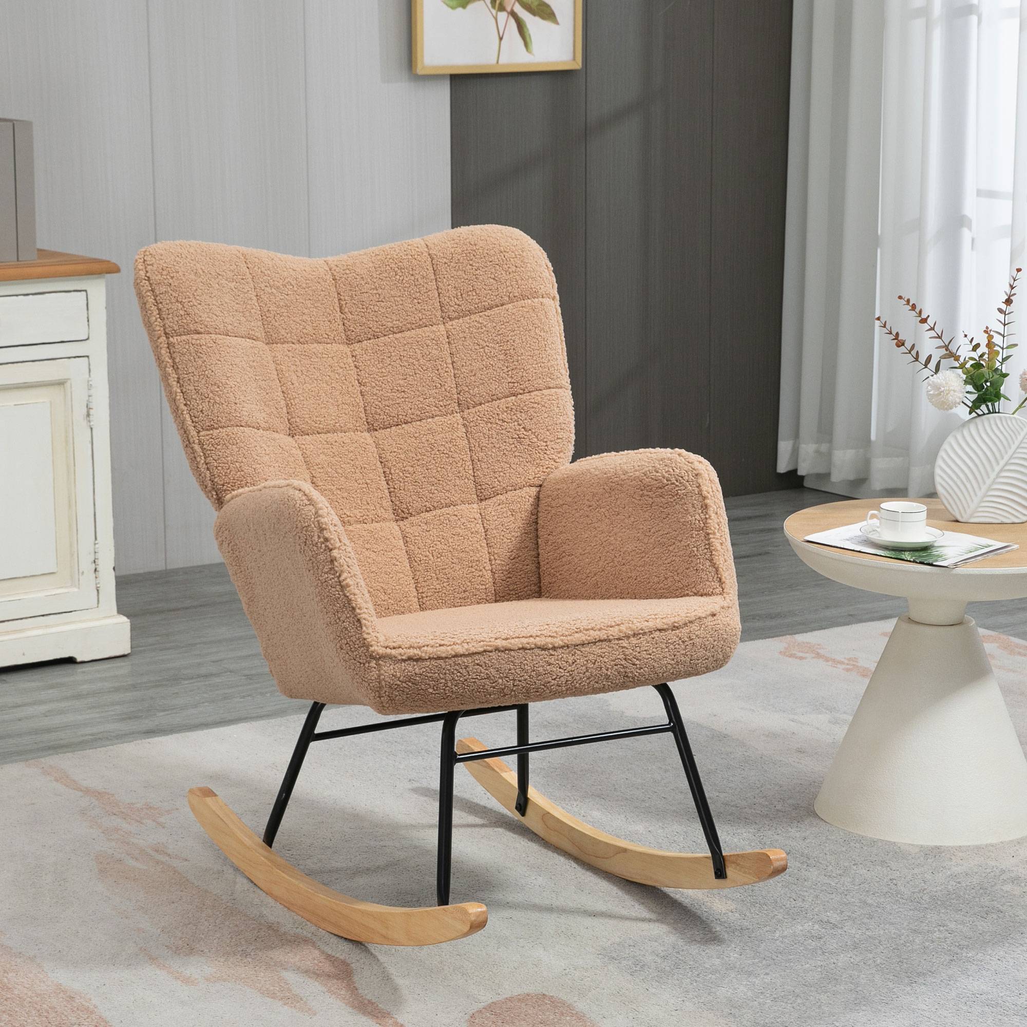 Sans Marque - Fauteuil à bascule rocking chair revêtement effet laine bouclée, structure en acier 71 x 98 x 101 cm marron - Image 4