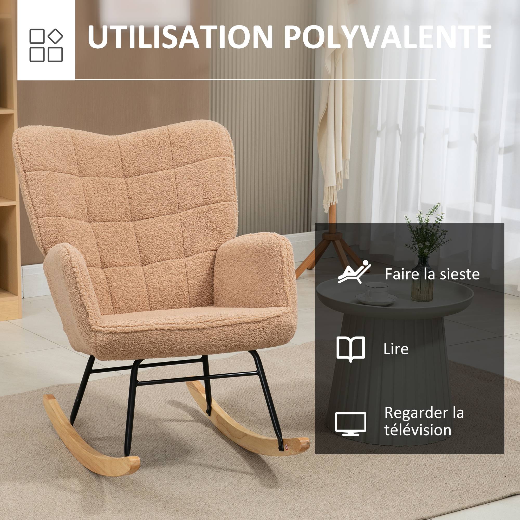Sans Marque - Fauteuil à bascule rocking chair revêtement effet laine bouclée, structure en acier 71 x 98 x 101 cm marron - Image 8