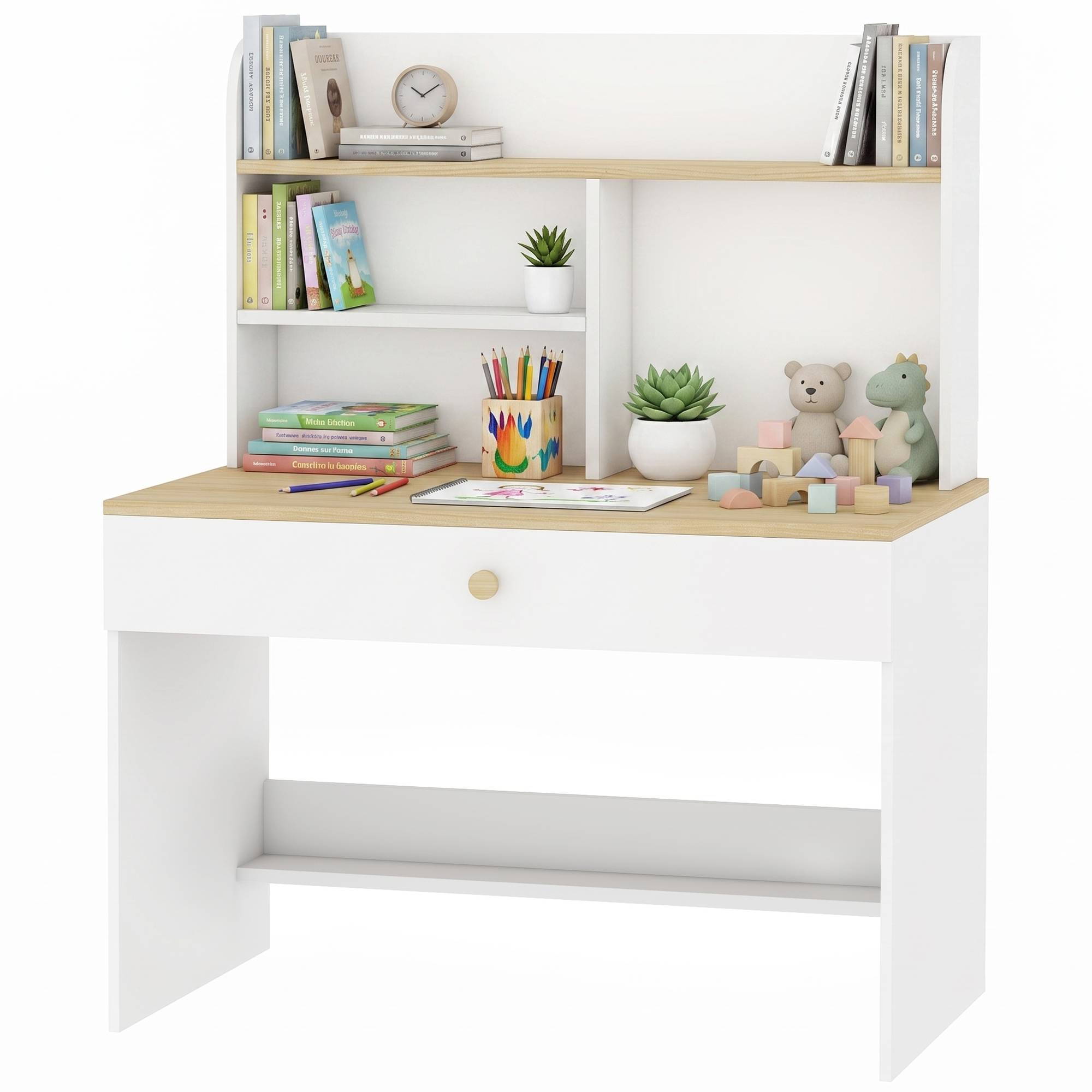 Bureau enfant avec étagères, tiroir, table enfant 3-8 ans, bois pour chambre, blanc - Image 2