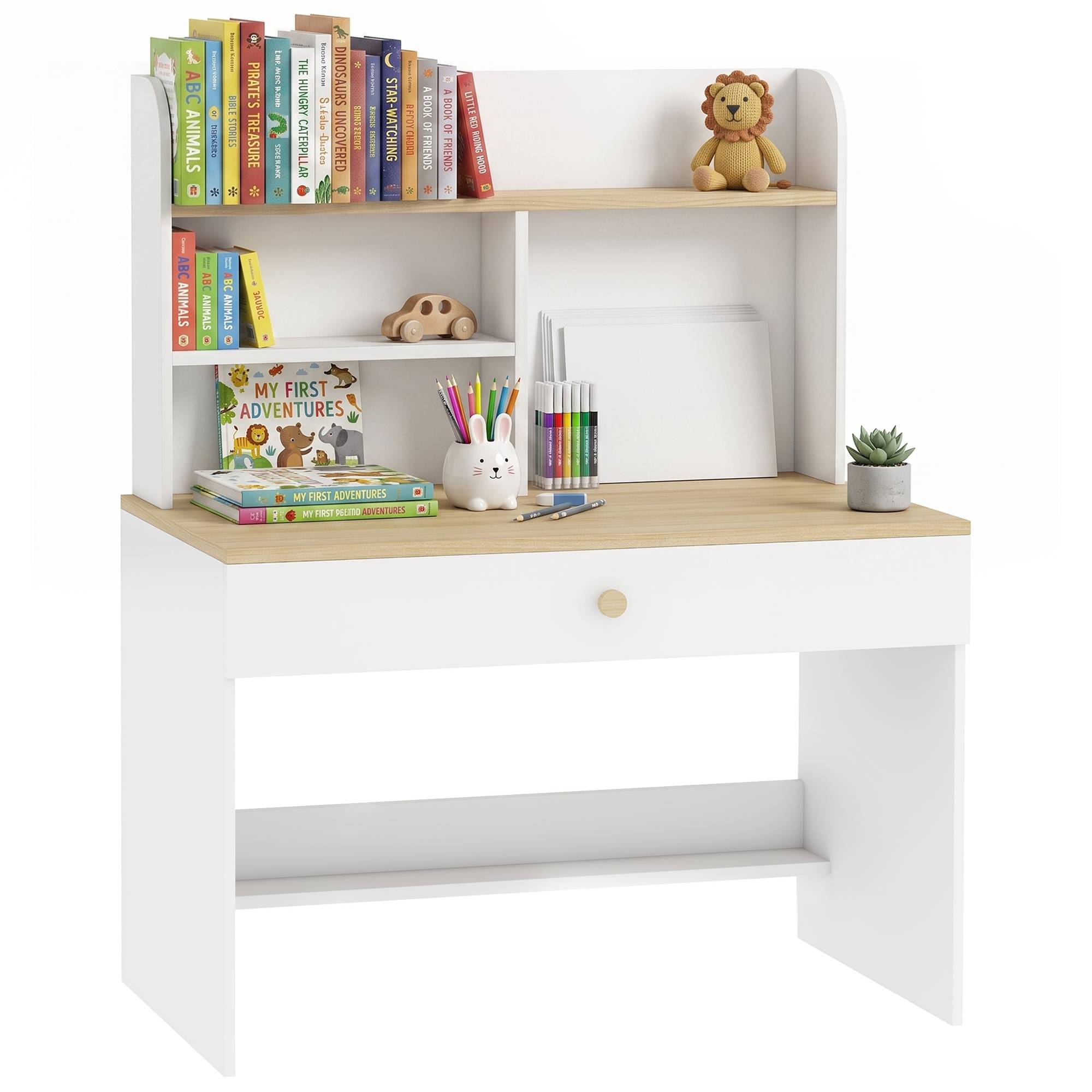 Bureau enfant avec étagères, tiroir, table enfant 3-8 ans, bois pour chambre, blanc - Image 1