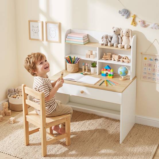 Bureau enfant avec étagères, tiroir, table enfant 3-8 ans, bois pour chambre, blanc - Image 3