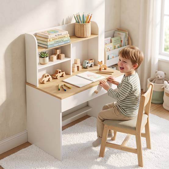 Bureau enfant avec étagères, tiroir, table enfant 3-8 ans, bois pour chambre, blanc - Image 4