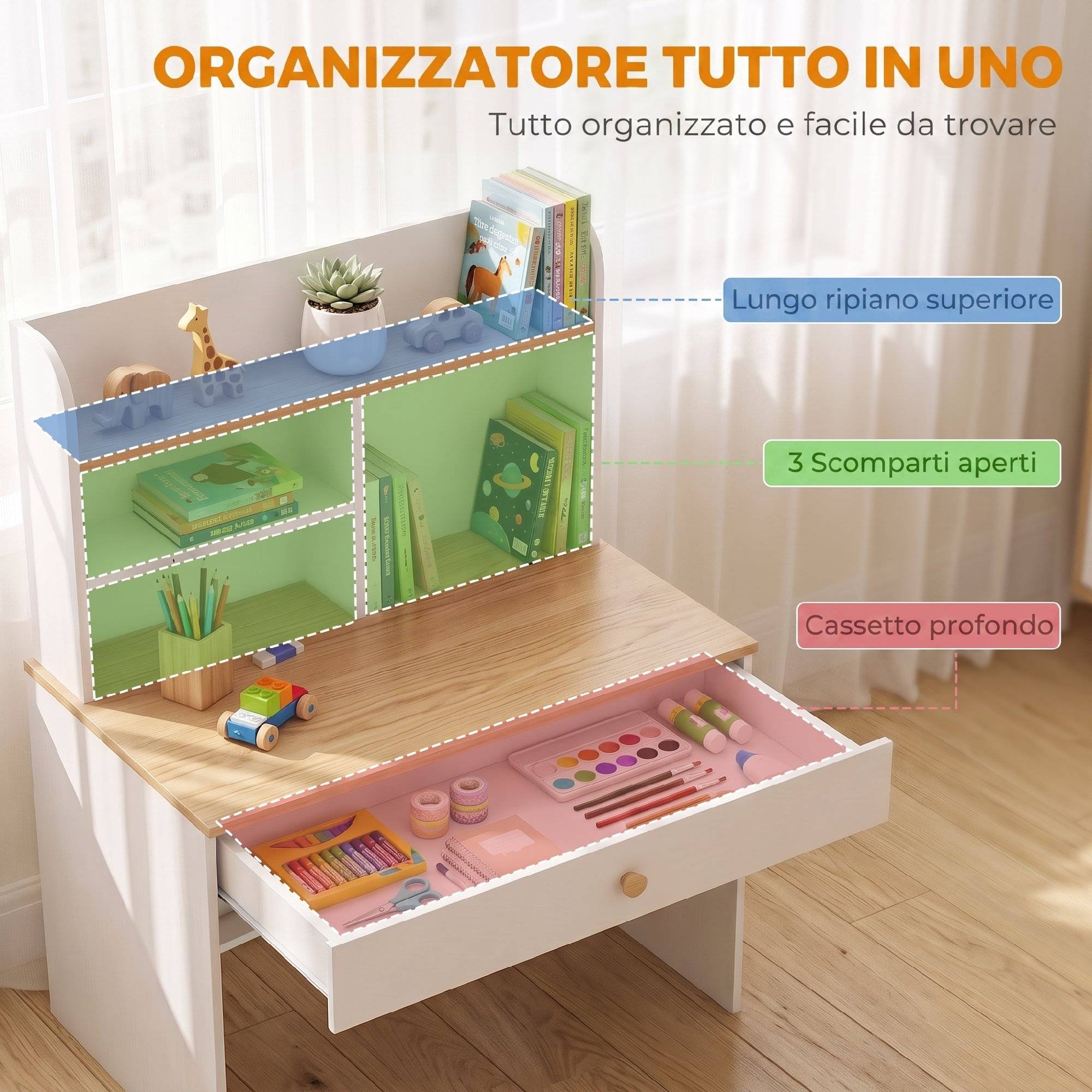 Bureau enfant avec étagères, tiroir, table enfant 3-8 ans, bois pour chambre, blanc - Image 6