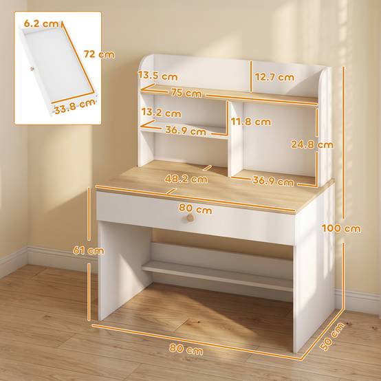 Bureau enfant avec étagères, tiroir, table enfant 3-8 ans, bois pour chambre, blanc - Image 5