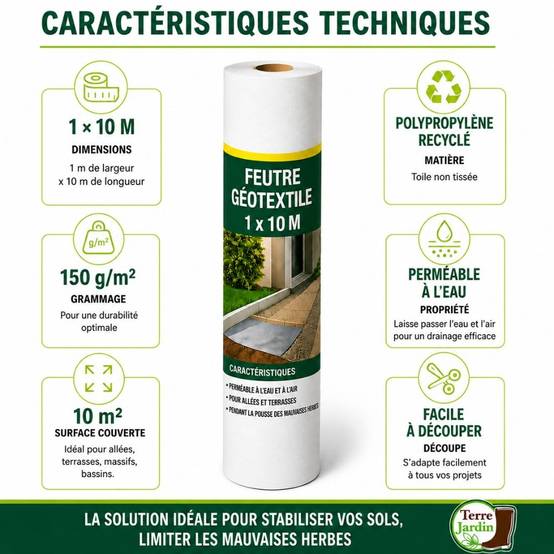 Rouleau géotextile 10 mètres 150g/m2 - TERRE JARDIN Unité - Image 3