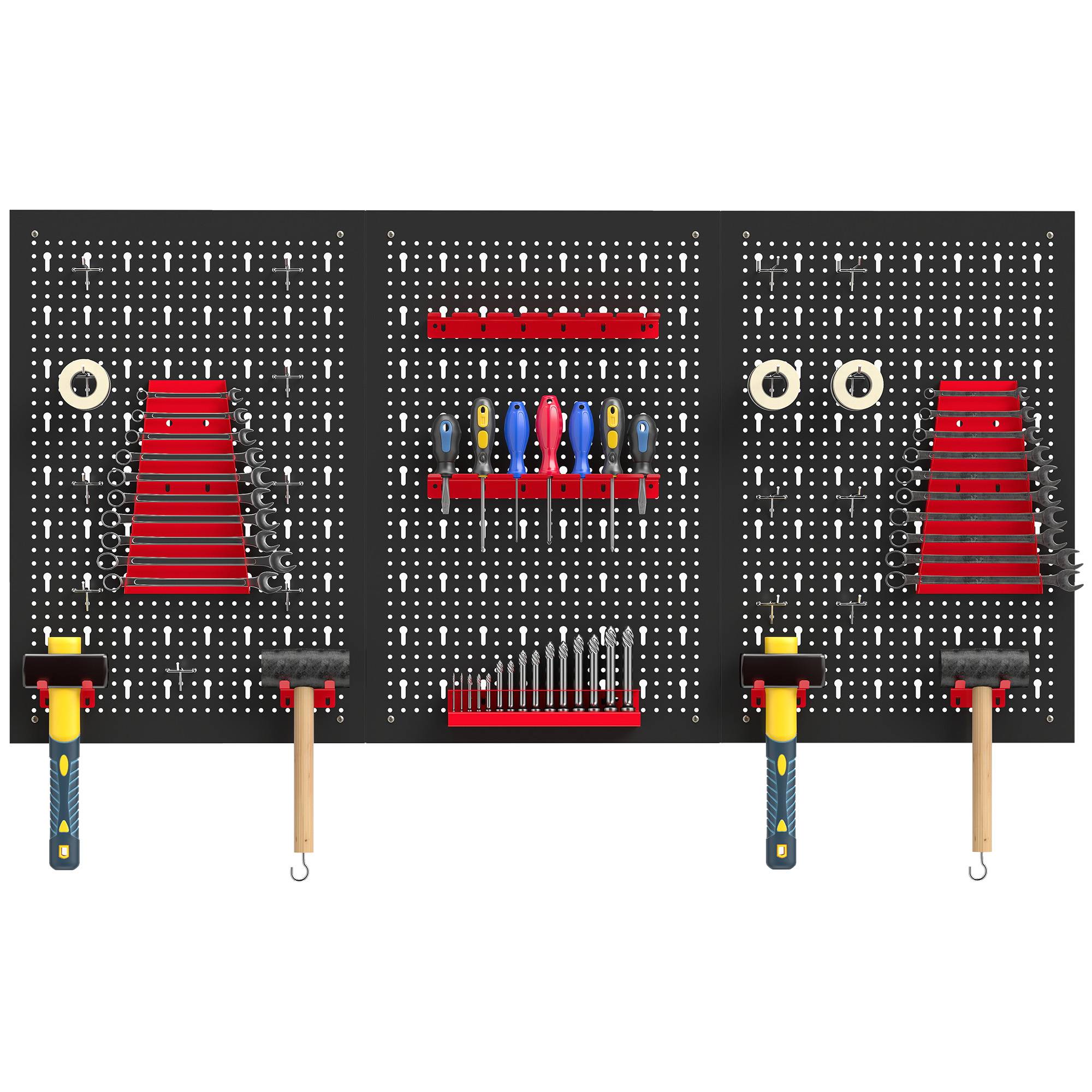 Sans Marque - Etagère murale système de rangement 60 x 40 cm, 28 pièces. Etagère goulotte avec compartiments de rangement à crochets, étagère d'atelier, noir+rouge - Image 2