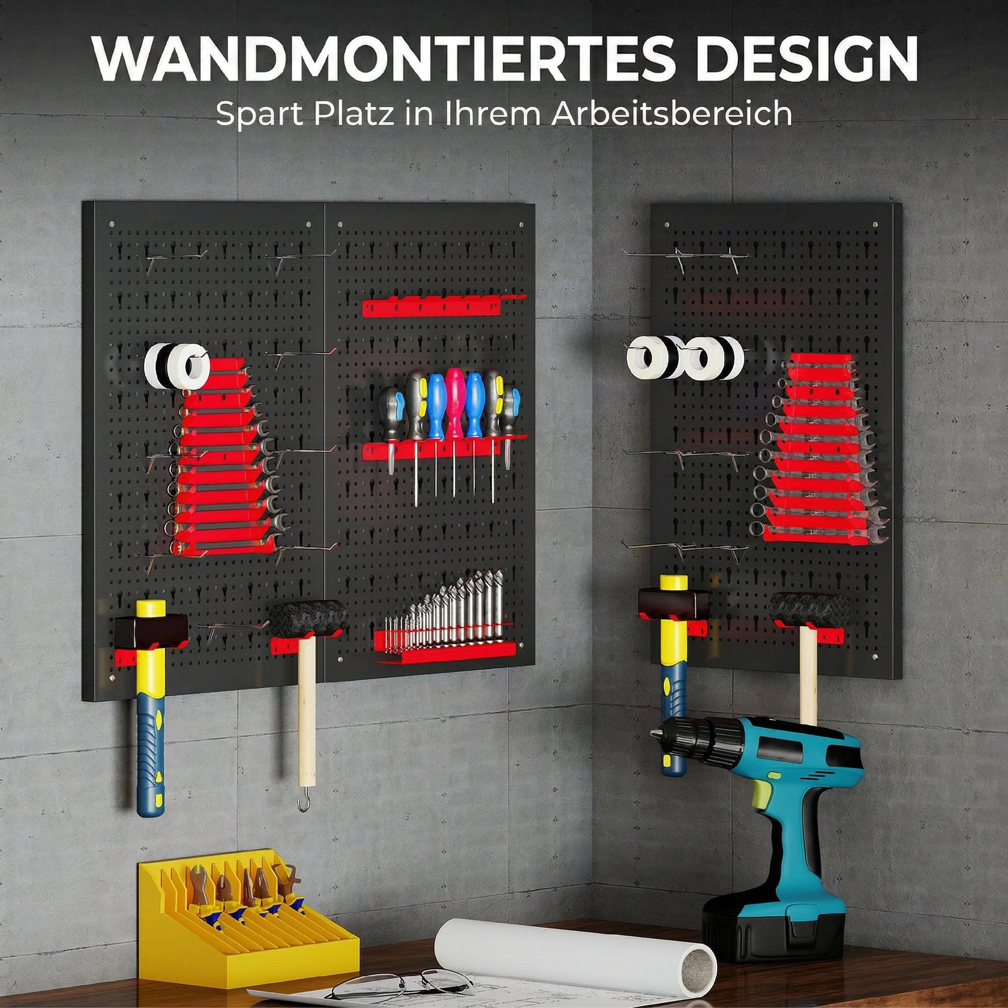 Sans Marque - Etagère murale système de rangement 60 x 40 cm, 28 pièces. Etagère goulotte avec compartiments de rangement à crochets, étagère d'atelier, noir+rouge - Image 8