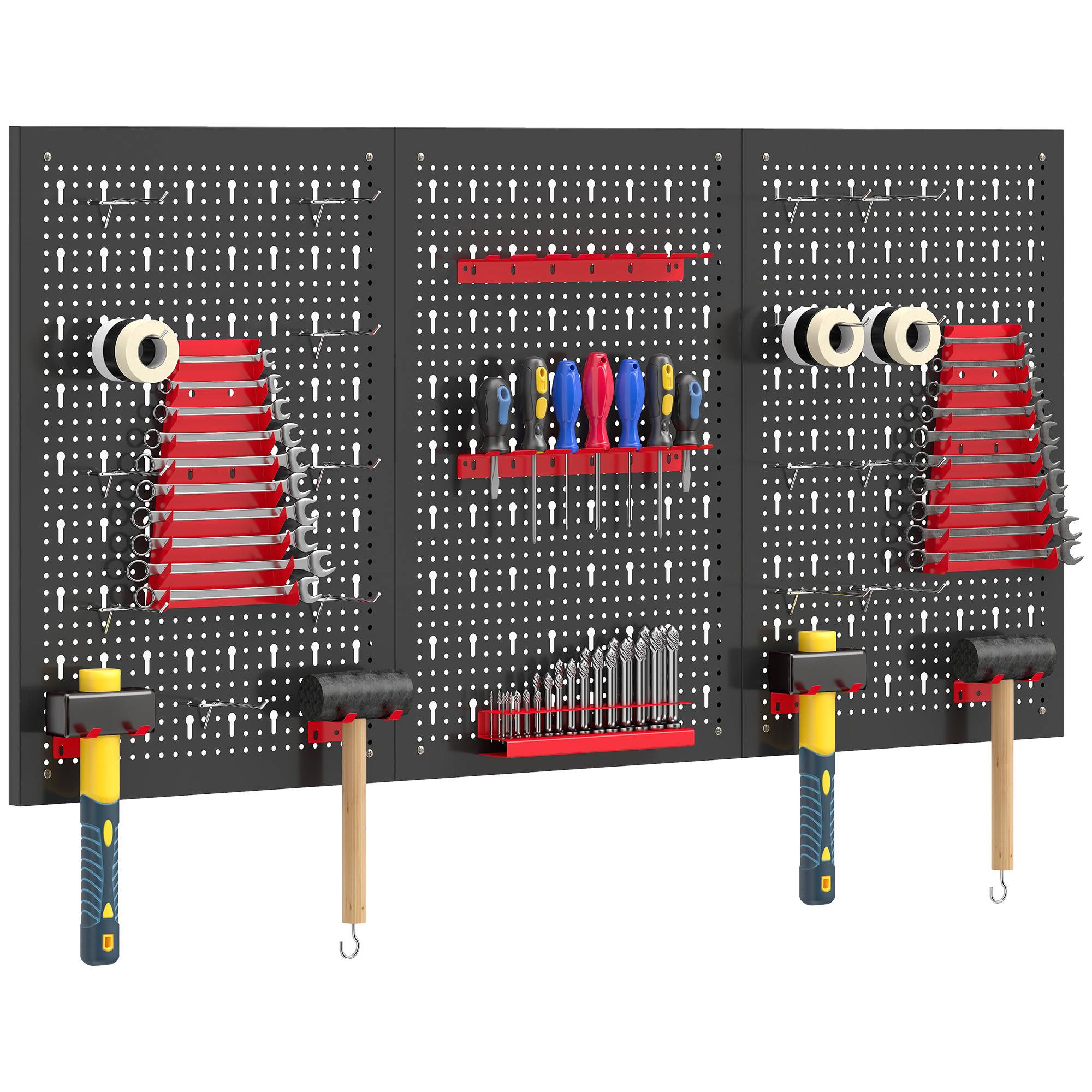 Sans Marque - Etagère murale système de rangement 60 x 40 cm, 28 pièces. Etagère goulotte avec compartiments de rangement à crochets, étagère d'atelier, noir+rouge - Image 1