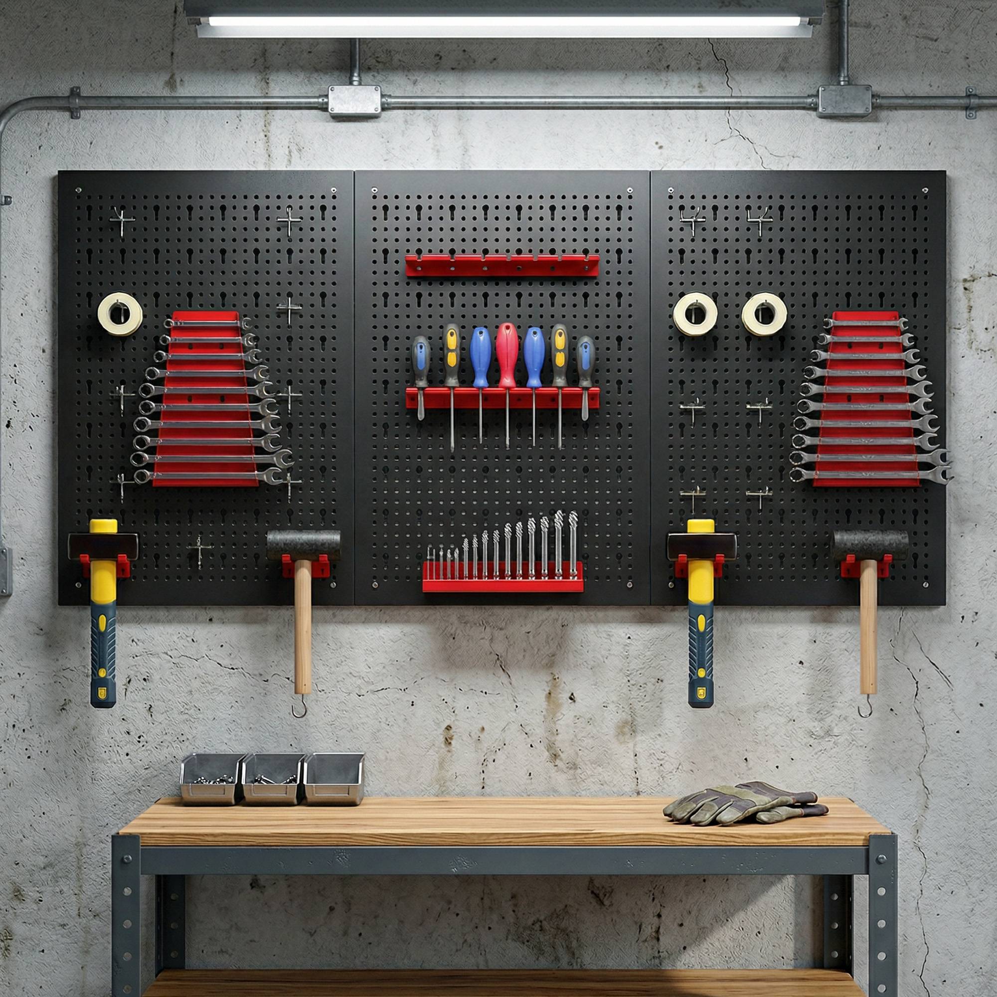 Sans Marque - Etagère murale système de rangement 60 x 40 cm, 28 pièces. Etagère goulotte avec compartiments de rangement à crochets, étagère d'atelier, noir+rouge - Image 9