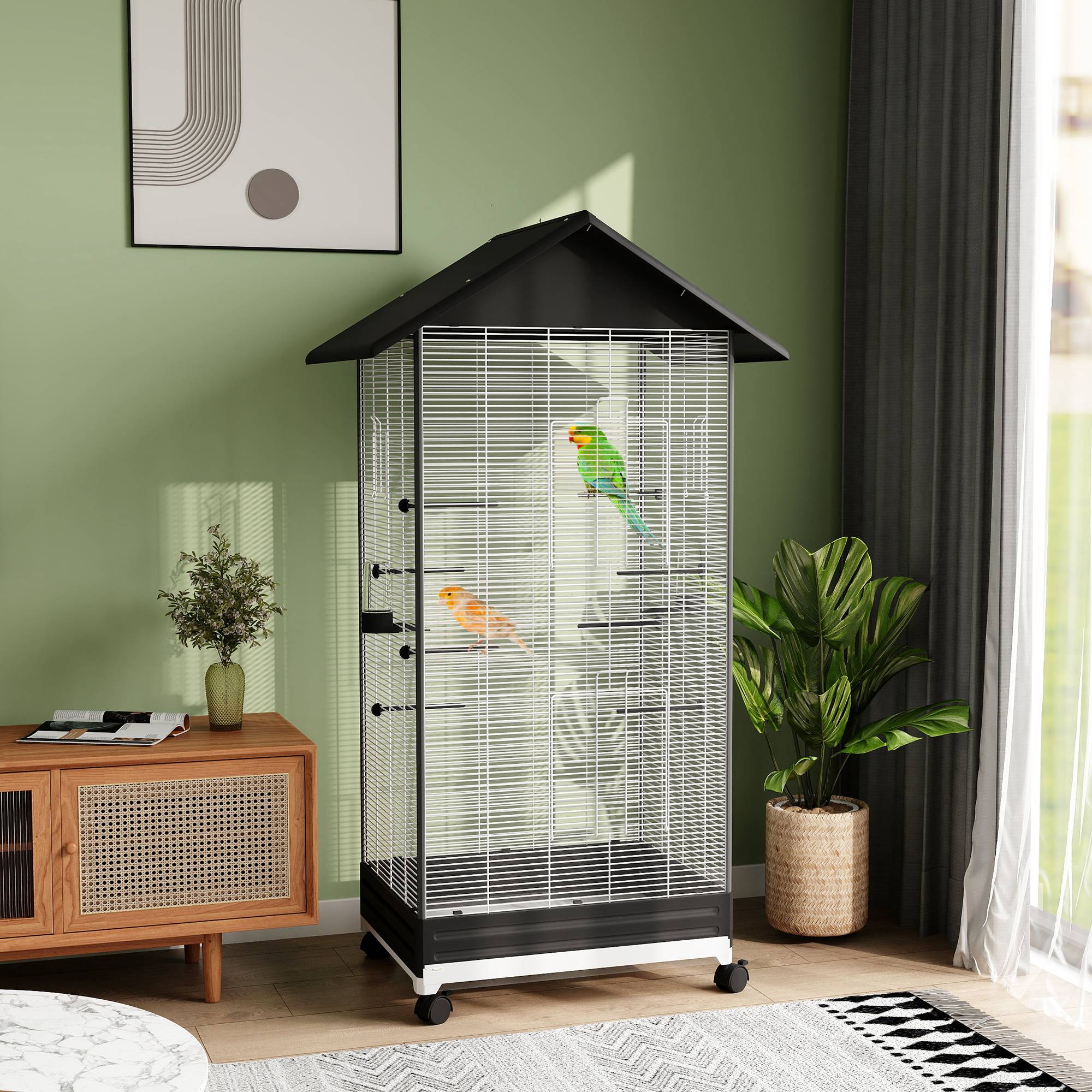 Cage pour oiseaux avec roues et bac amovible, volière haute 155 cm avec perchoirs et mangeoires, noire - Image 3