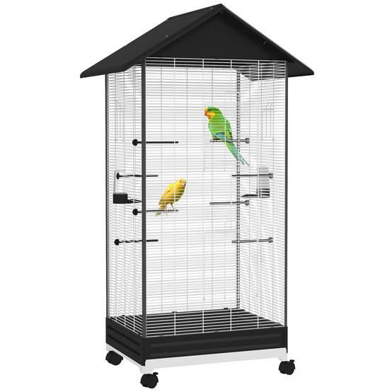 Cage pour oiseaux avec roues et bac amovible, volière haute 155 cm avec perchoirs et mangeoires, noire - Image 1