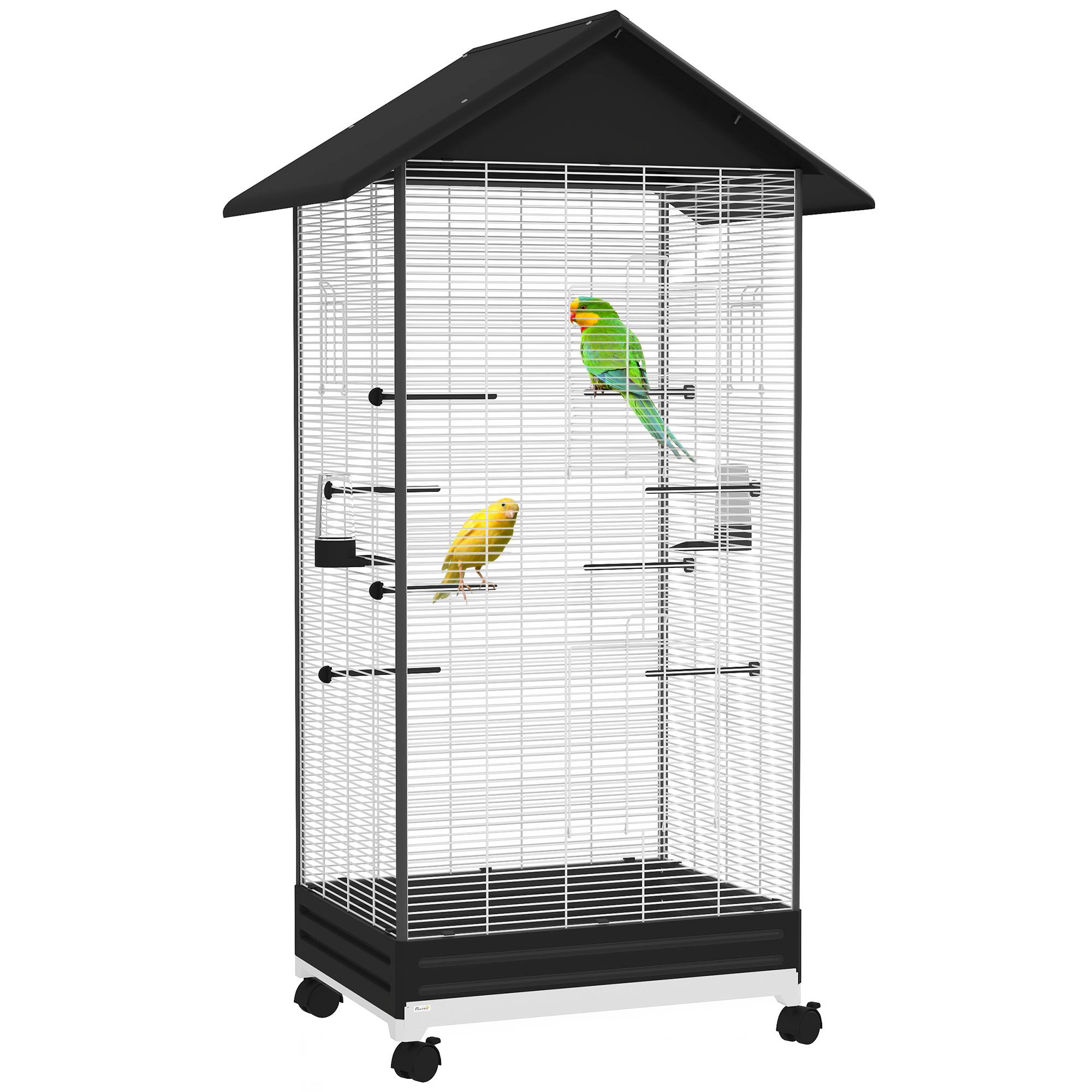 Cage pour oiseaux avec roues et bac amovible, volière haute 155 cm avec perchoirs et mangeoires, noire - Image 1