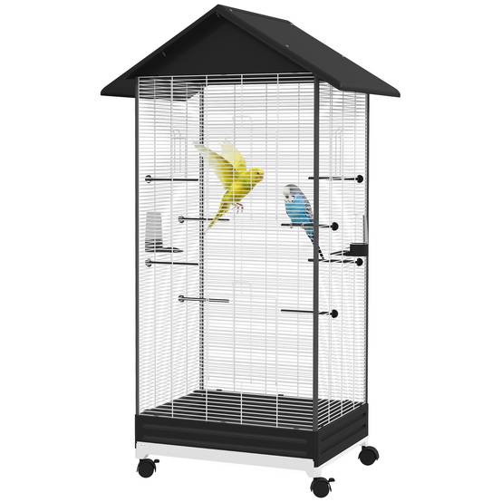 Cage pour oiseaux avec roues et bac amovible, volière haute 155 cm avec perchoirs et mangeoires, noire - Image 2