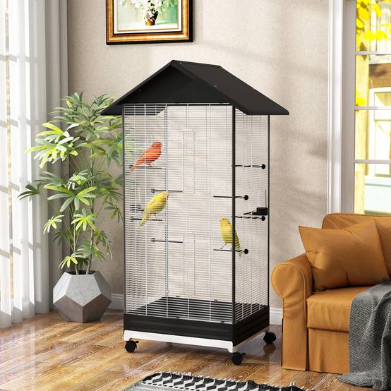 Cage pour oiseaux avec roues et bac amovible, volière haute 155 cm avec perchoirs et mangeoires, noire - Image 4