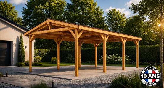 Carport SUR MESURE deux pentes 750 cm x 8 poteaux, bois DOUGLAS Français (Charpente en bois-auvent-abri voiture). Garantie 10 ans - Image 1