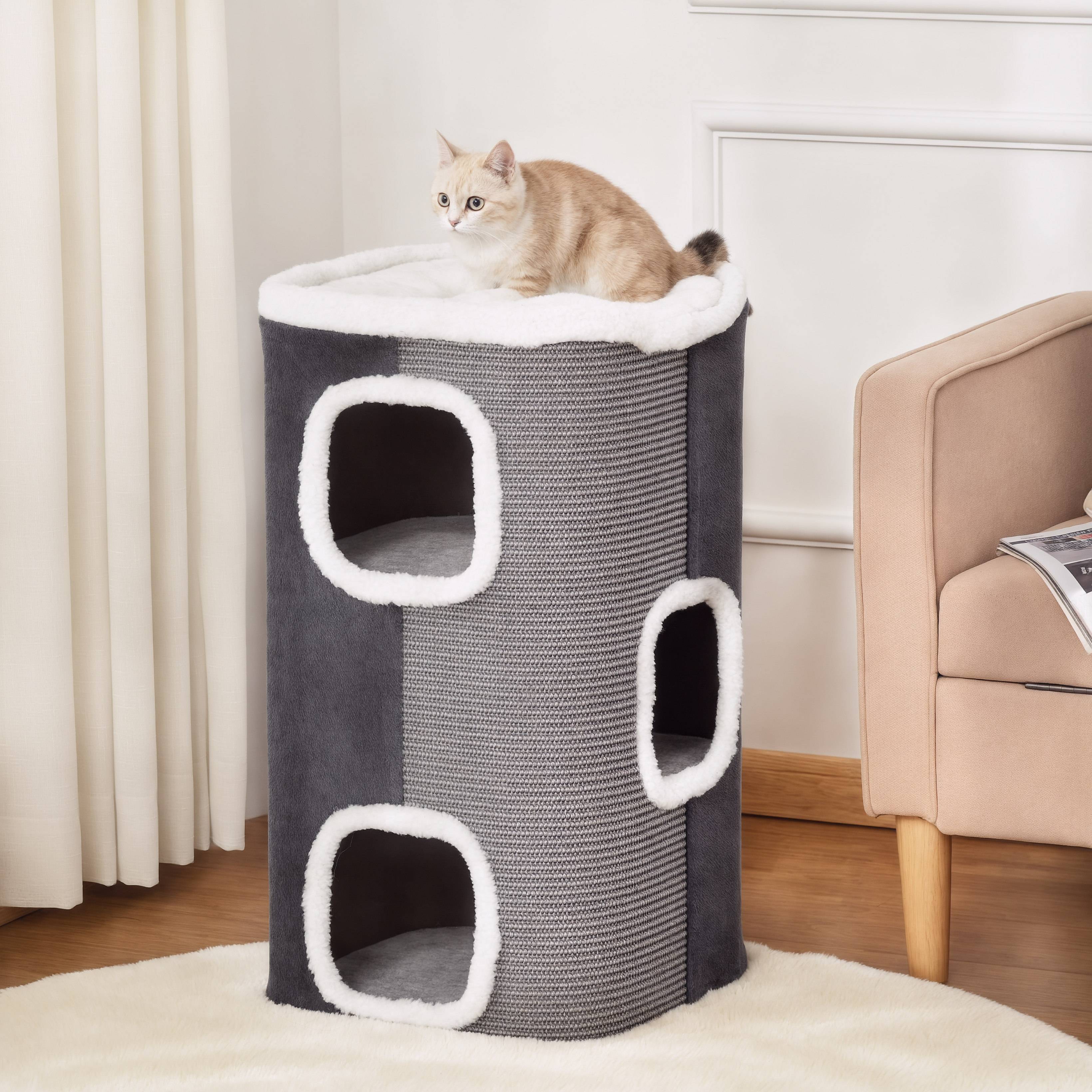 Tonneau Griffoir pour Chat 2 Niveaux Double Niche en Sisal et Peluche Gris 40x40x74 cm - ComfortXL Outdoor Living - Image 3