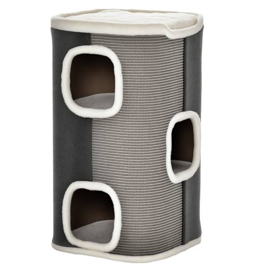 Tonneau Griffoir pour Chat 2 Niveaux Double Niche en Sisal et Peluche Gris 40x40x74 cm - ComfortXL Outdoor Living - Image 1