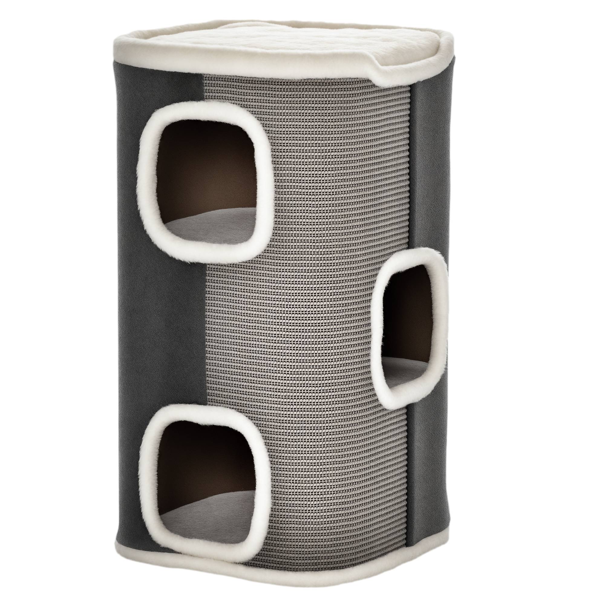 Tonneau Griffoir pour Chat 2 Niveaux Double Niche en Sisal et Peluche Gris 40x40x74 cm - ComfortXL Outdoor Living - Image 1