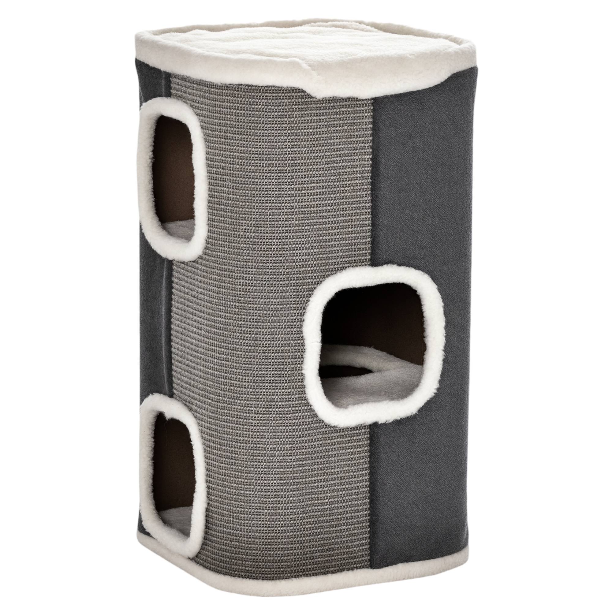Tonneau Griffoir pour Chat 2 Niveaux Double Niche en Sisal et Peluche Gris 40x40x74 cm - ComfortXL Outdoor Living - Image 2