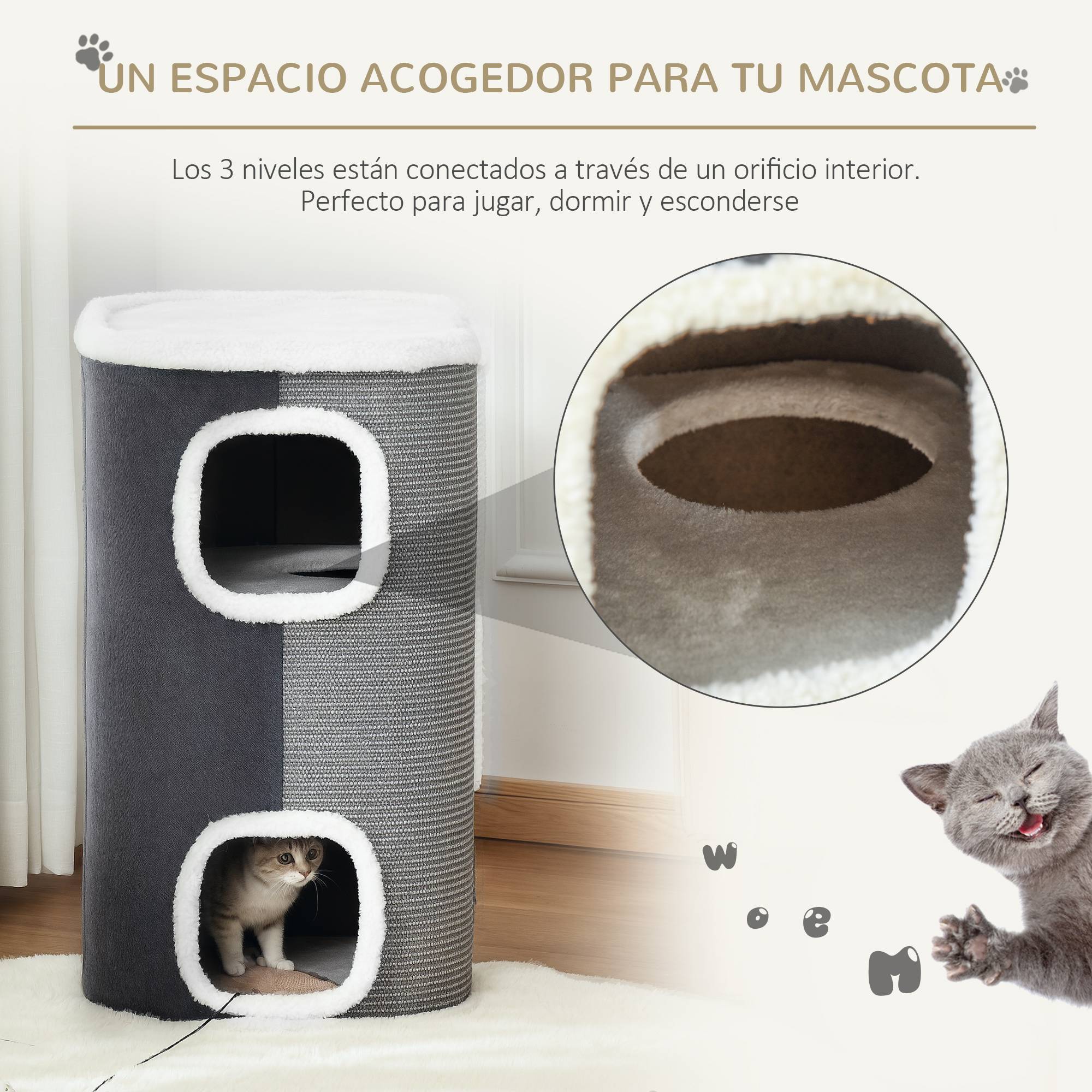 Tonneau Griffoir pour Chat 2 Niveaux Double Niche en Sisal et Peluche Gris 40x40x74 cm - ComfortXL Outdoor Living - Image 6