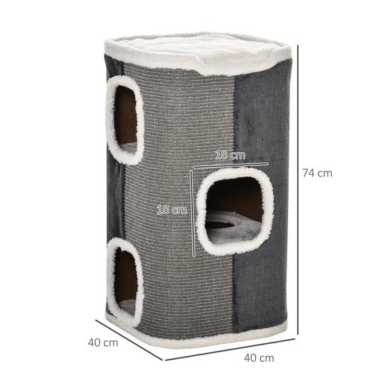 Tonneau Griffoir pour Chat 2 Niveaux Double Niche en Sisal et Peluche Gris 40x40x74 cm - ComfortXL Outdoor Living - Image 5