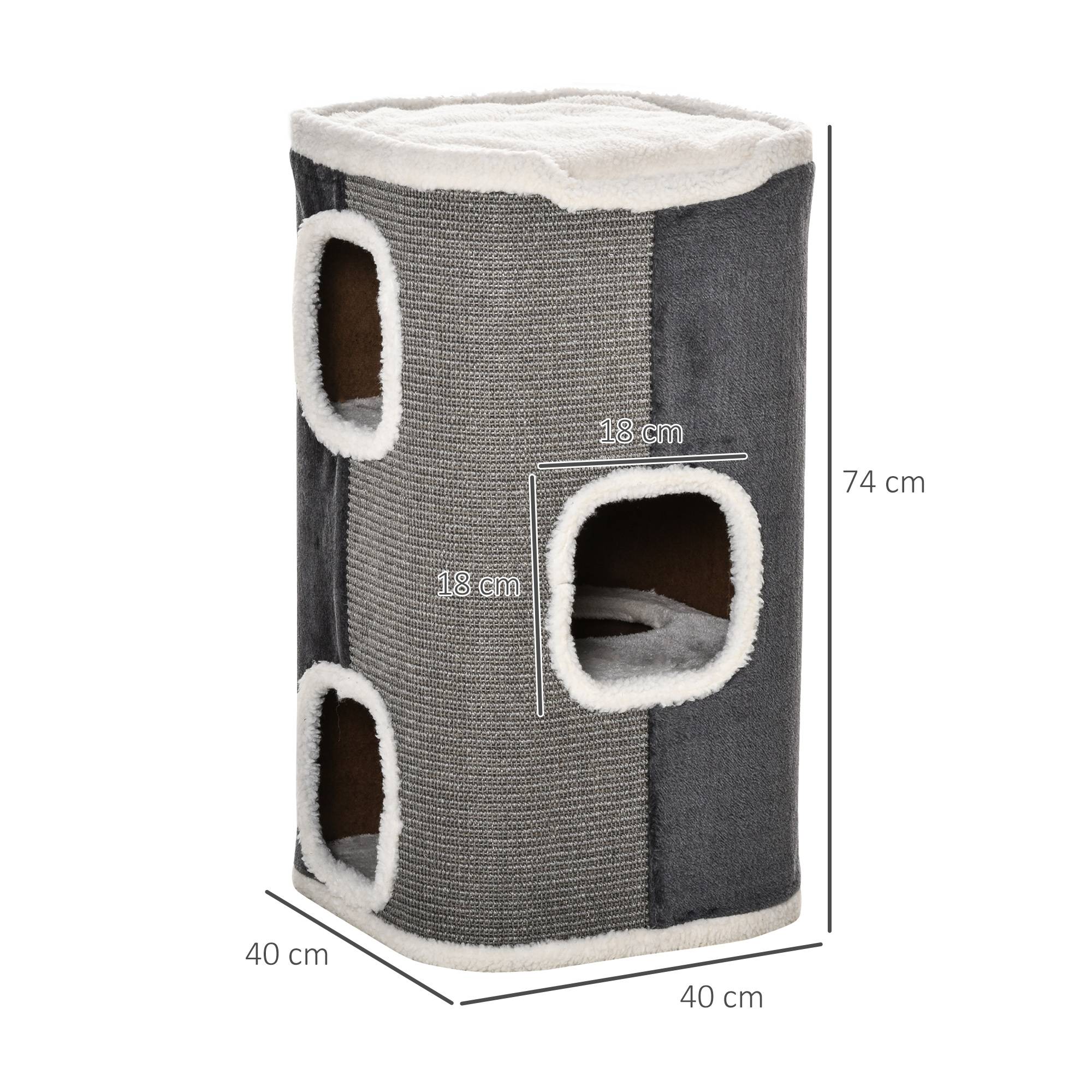Tonneau Griffoir pour Chat 2 Niveaux Double Niche en Sisal et Peluche Gris 40x40x74 cm - ComfortXL Outdoor Living - Image 5