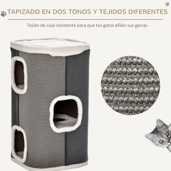 Tonneau Griffoir pour Chat 2 Niveaux Double Niche en Sisal et Peluche Gris 40x40x74 cm - ComfortXL Outdoor Living - Image 8