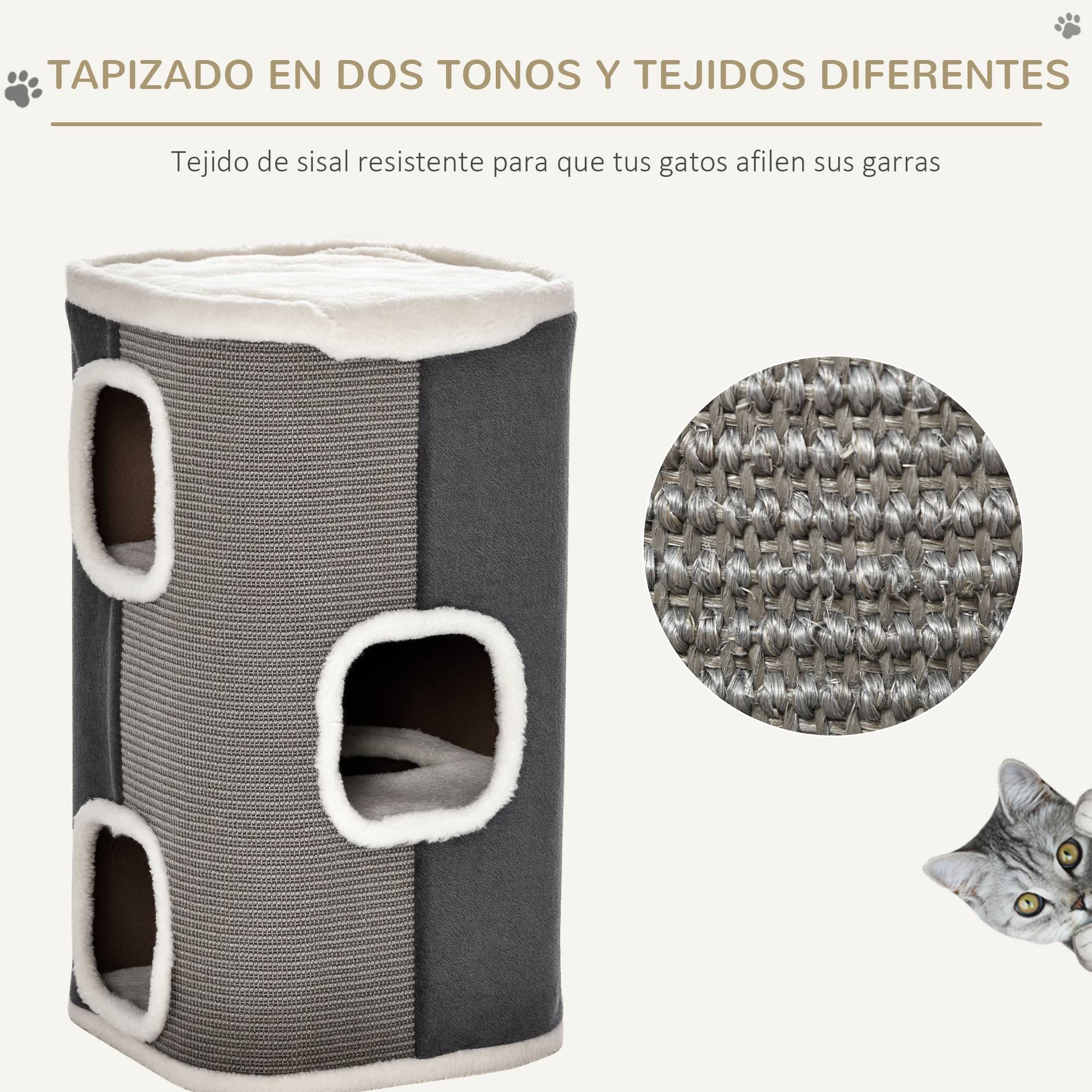 Tonneau Griffoir pour Chat 2 Niveaux Double Niche en Sisal et Peluche Gris 40x40x74 cm - ComfortXL Outdoor Living - Image 8