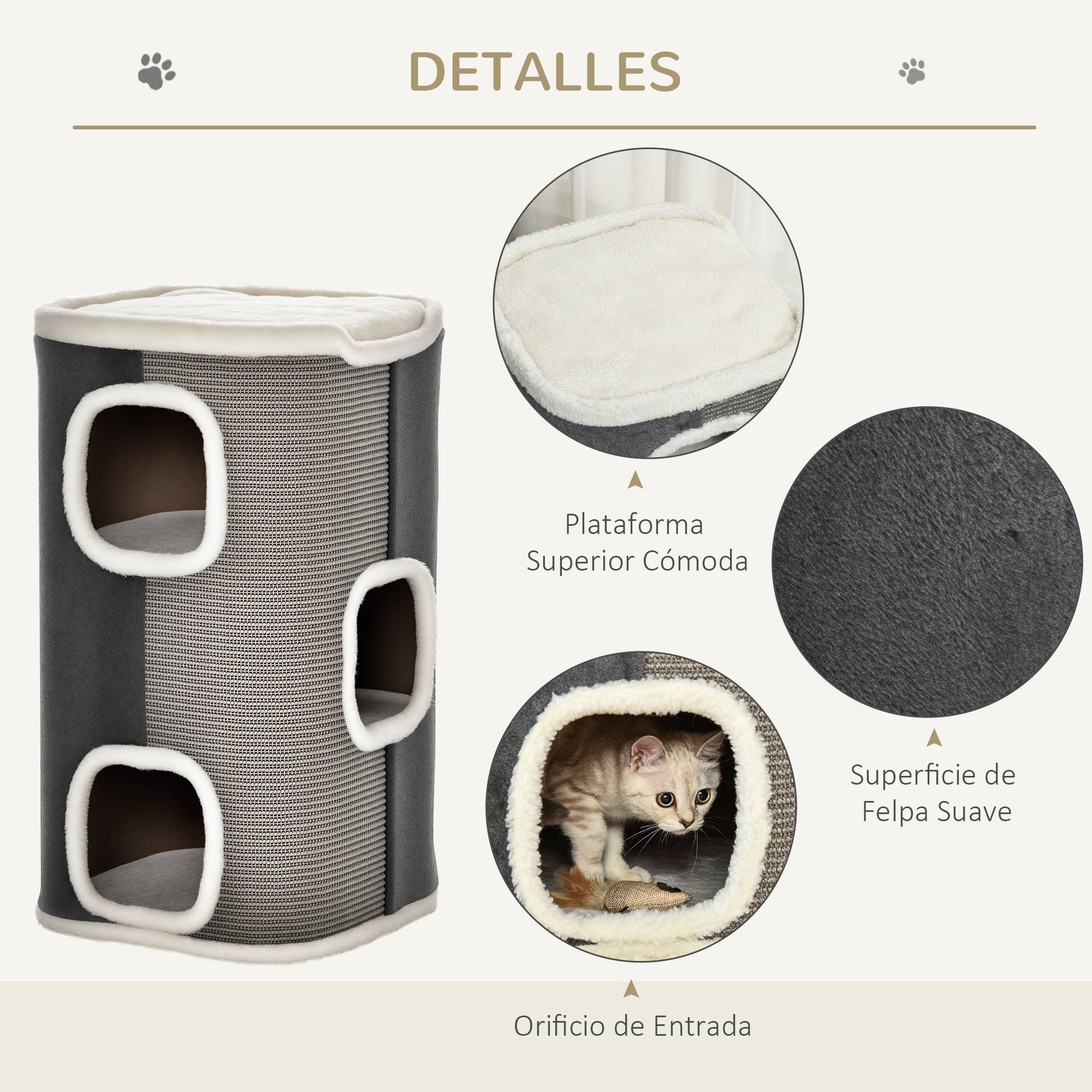 Tonneau Griffoir pour Chat 2 Niveaux Double Niche en Sisal et Peluche Gris 40x40x74 cm - ComfortXL Outdoor Living - Image 7