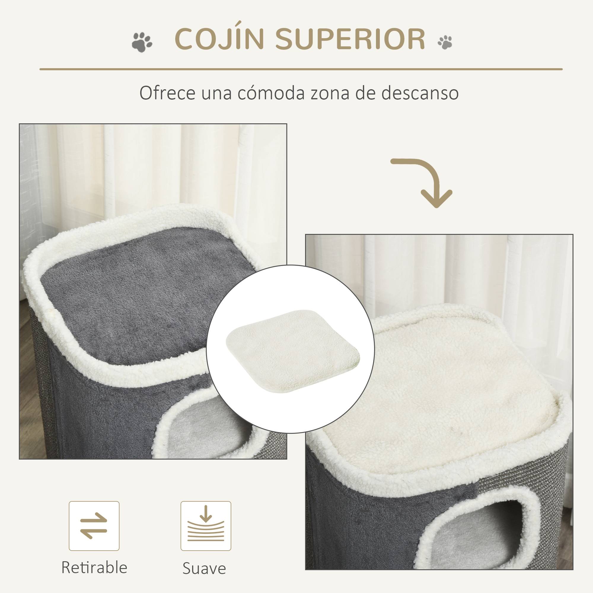Tonneau Griffoir pour Chat 2 Niveaux Double Niche en Sisal et Peluche Gris 40x40x74 cm - ComfortXL Outdoor Living - Image 9