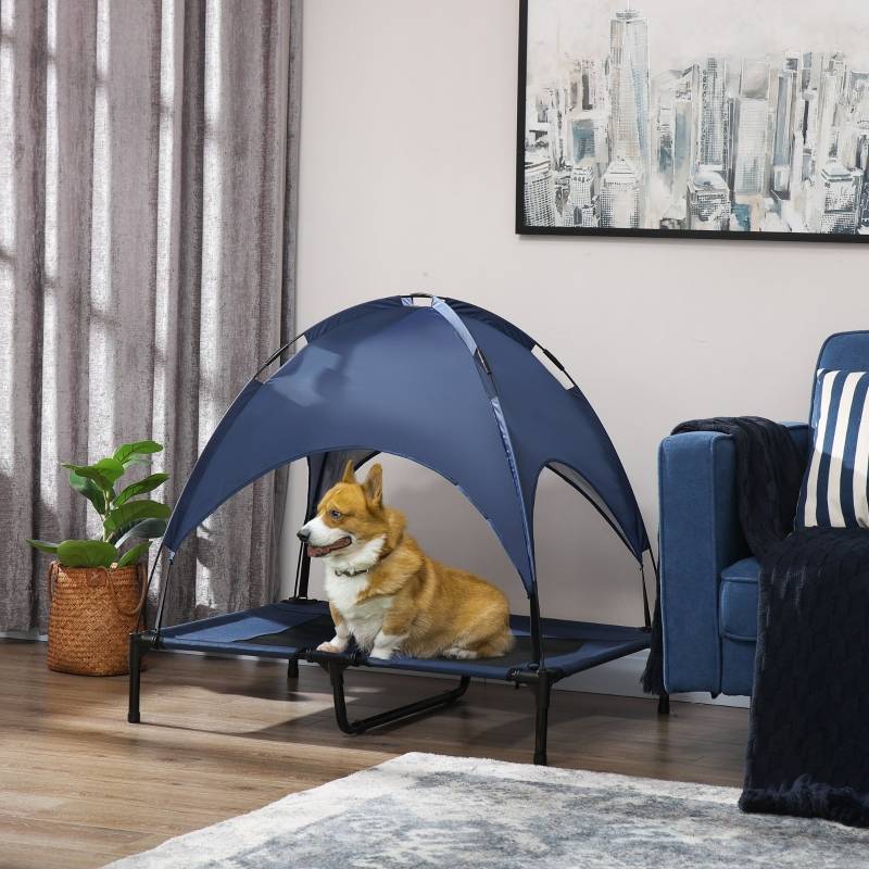 Lit pour chien extérieur avec auvent pliable 92 x 76 x 90 cm acier et tissu oxford 600D bleu foncé et noir - PANGIVO - Image 2