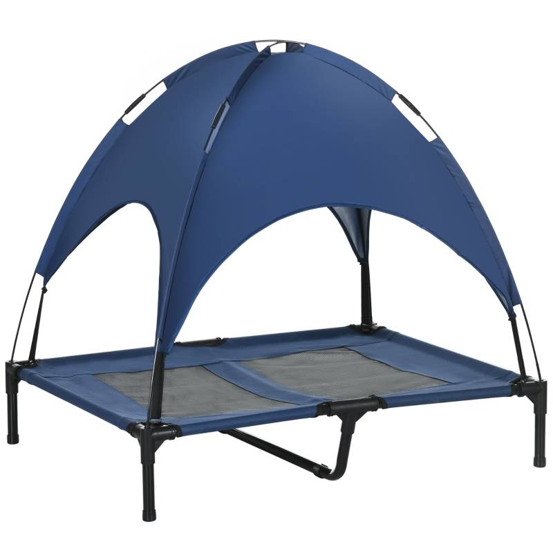 Lit pour chien extérieur avec auvent pliable 92 x 76 x 90 cm acier et tissu oxford 600D bleu foncé et noir - PANGIVO - Image 1
