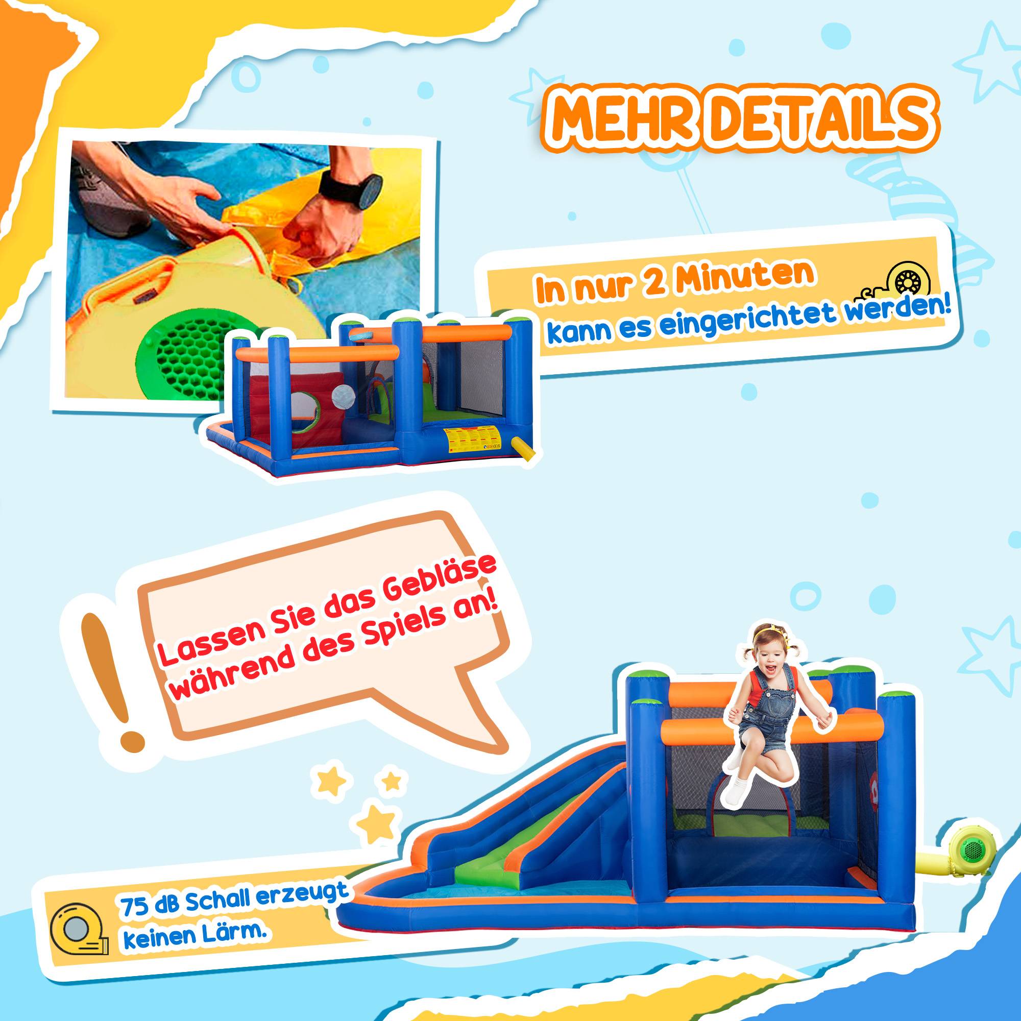 Château gonflable avec toboggan, zone de saut et piscine, pompe électrique incluse, pour 3 enfants maximum, 380 x 340 x 170 cm - Image 8