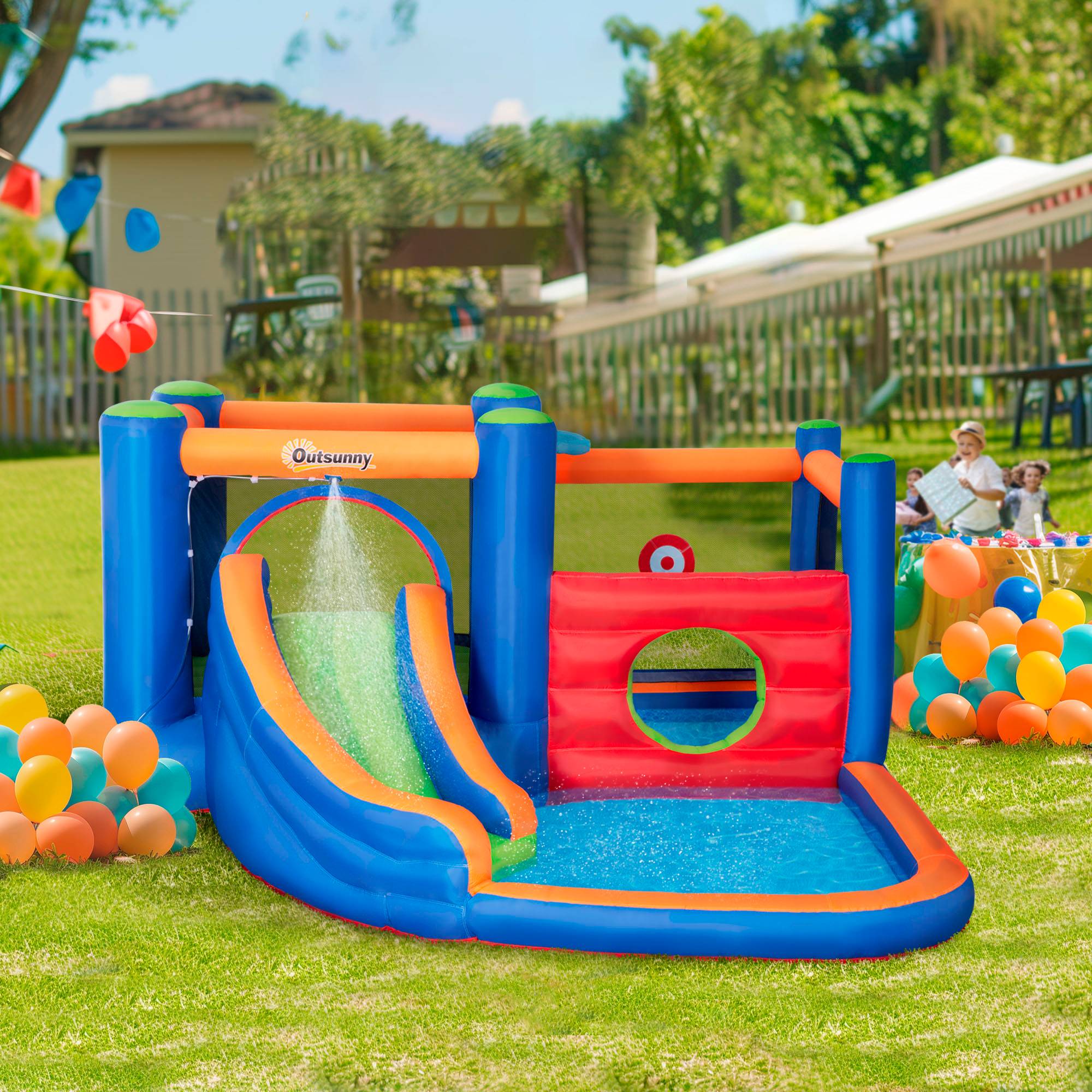 Château gonflable avec toboggan, zone de saut et piscine, pompe électrique incluse, pour 3 enfants maximum, 380 x 340 x 170 cm - Image 3