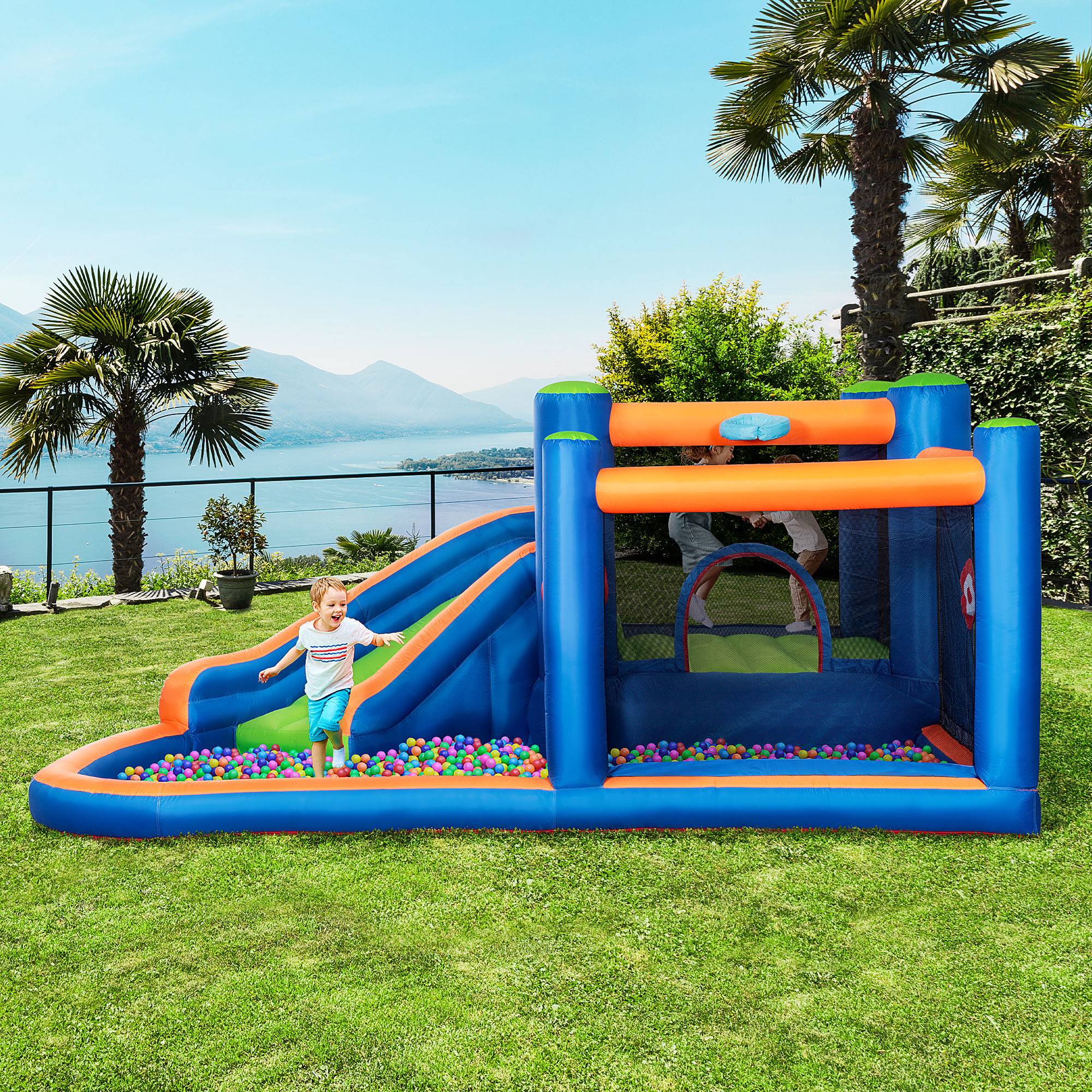 Château gonflable avec toboggan, zone de saut et piscine, pompe électrique incluse, pour 3 enfants maximum, 380 x 340 x 170 cm - Image 4