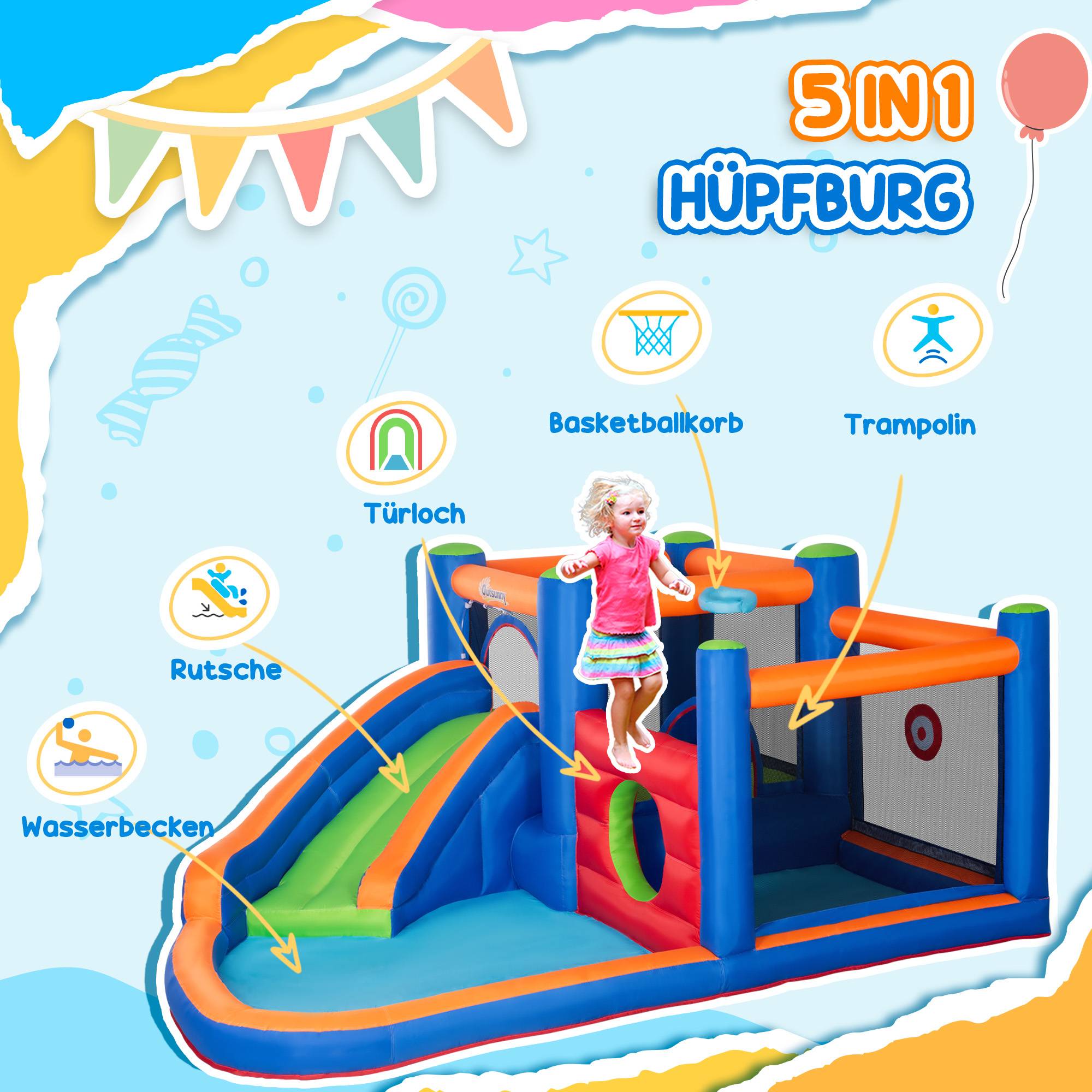 Château gonflable avec toboggan, zone de saut et piscine, pompe électrique incluse, pour 3 enfants maximum, 380 x 340 x 170 cm - Image 6