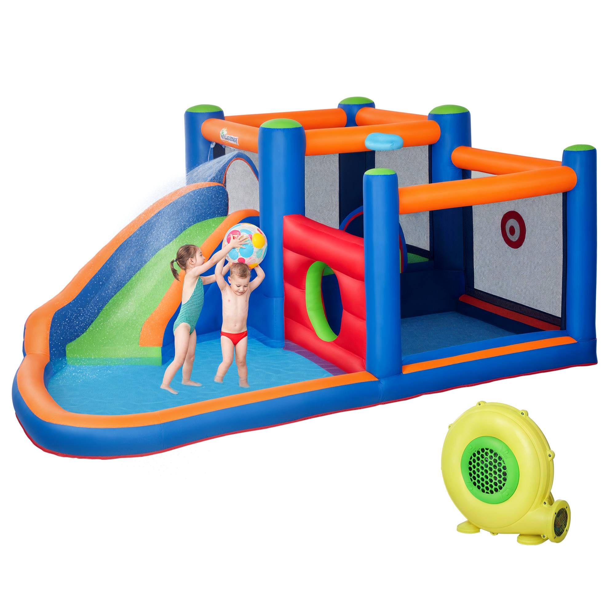 Château gonflable avec toboggan, zone de saut et piscine, pompe électrique incluse, pour 3 enfants maximum, 380 x 340 x 170 cm - Image 1