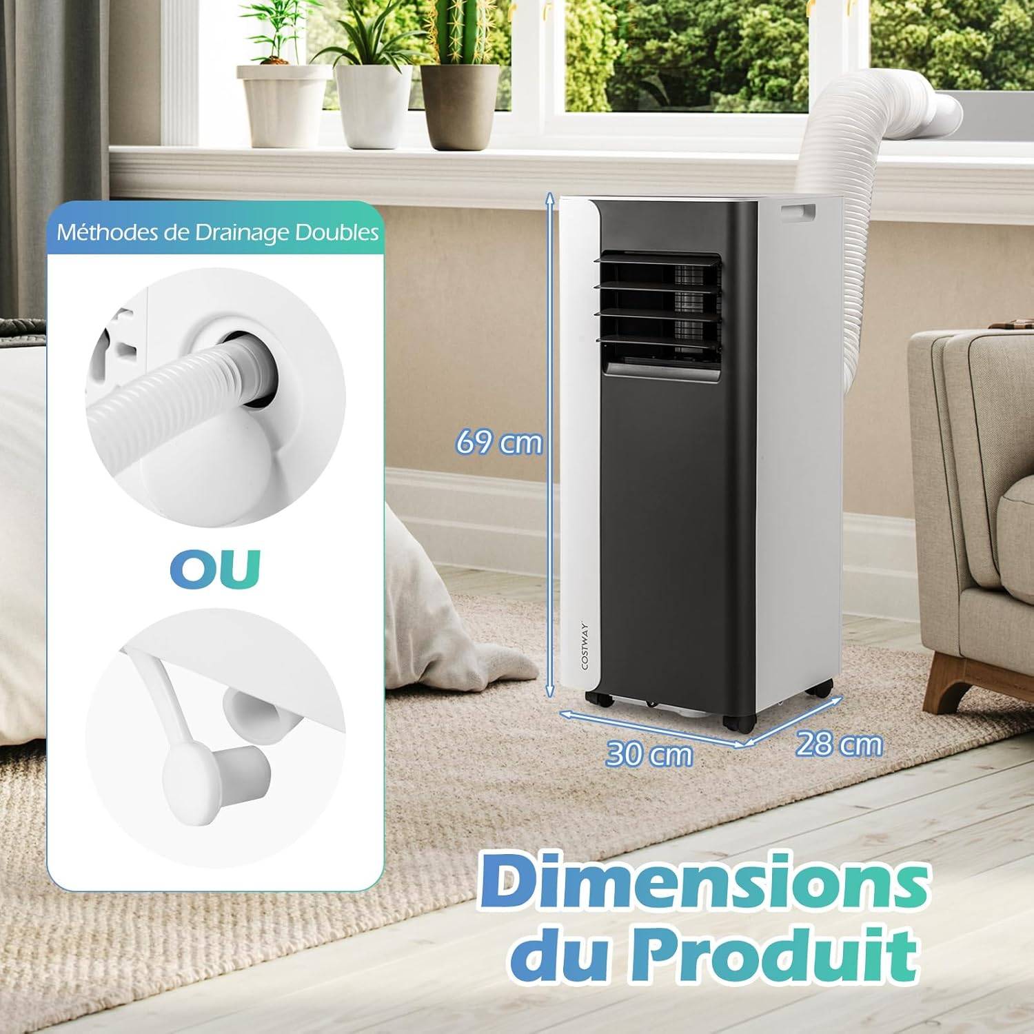 COSTWAY Climatiseur Mobile Silencieux 7000 BTU, 4 EN 1 Climatiseur Portable, Déshumidificateur, Ventilateur, Minuterie 24H [Classe énergétique A] - Image 4