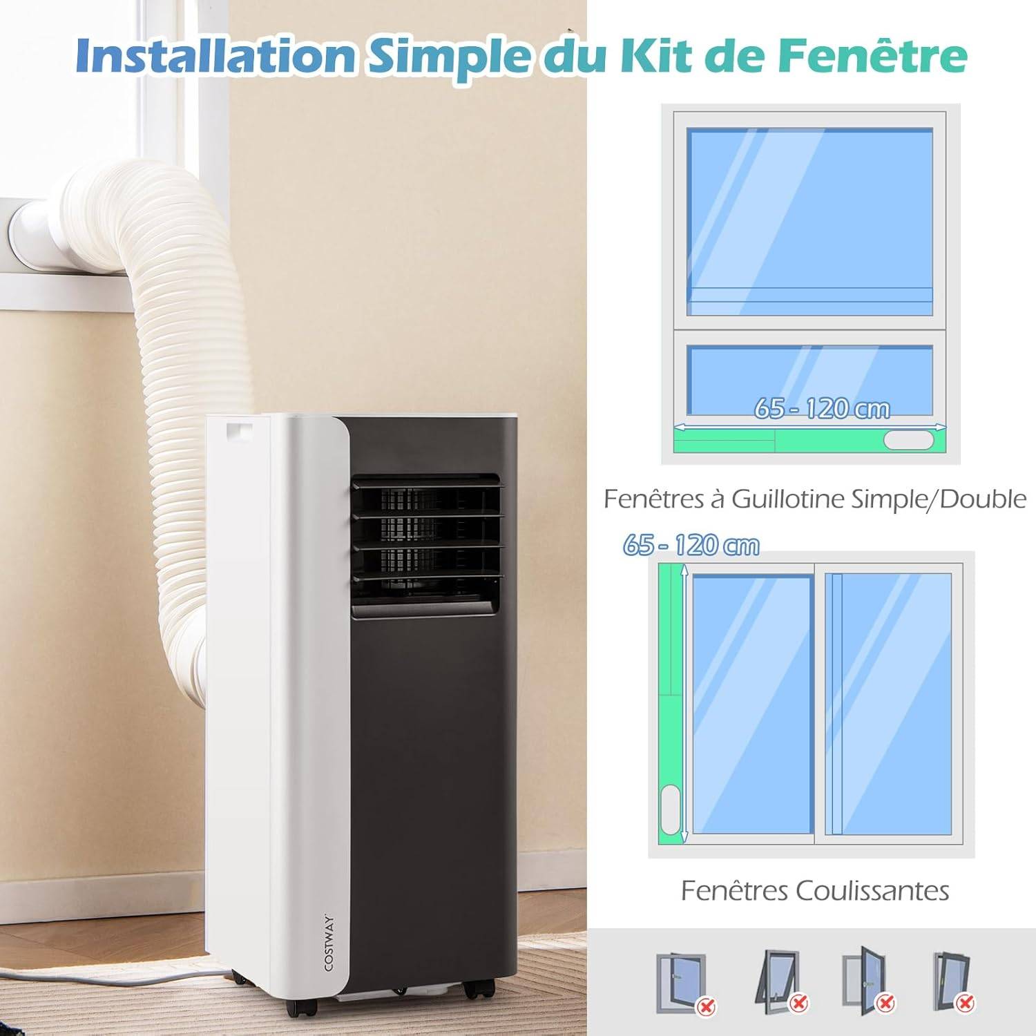 COSTWAY Climatiseur Mobile Silencieux 7000 BTU, 4 EN 1 Climatiseur Portable, Déshumidificateur, Ventilateur, Minuterie 24H [Classe énergétique A] - Image 5