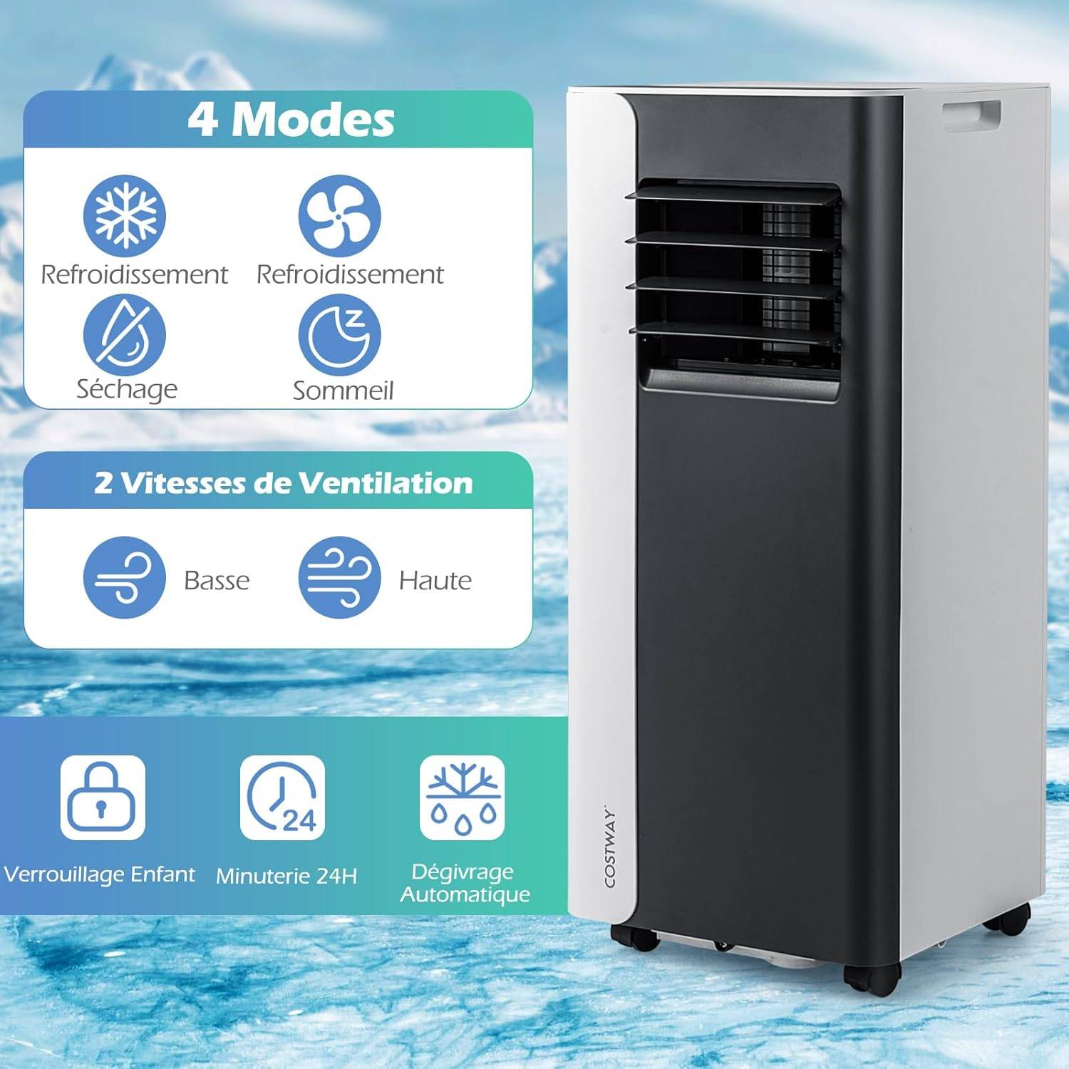 COSTWAY Climatiseur Mobile Silencieux 7000 BTU, 4 EN 1 Climatiseur Portable, Déshumidificateur, Ventilateur, Minuterie 24H [Classe énergétique A] - Image 3