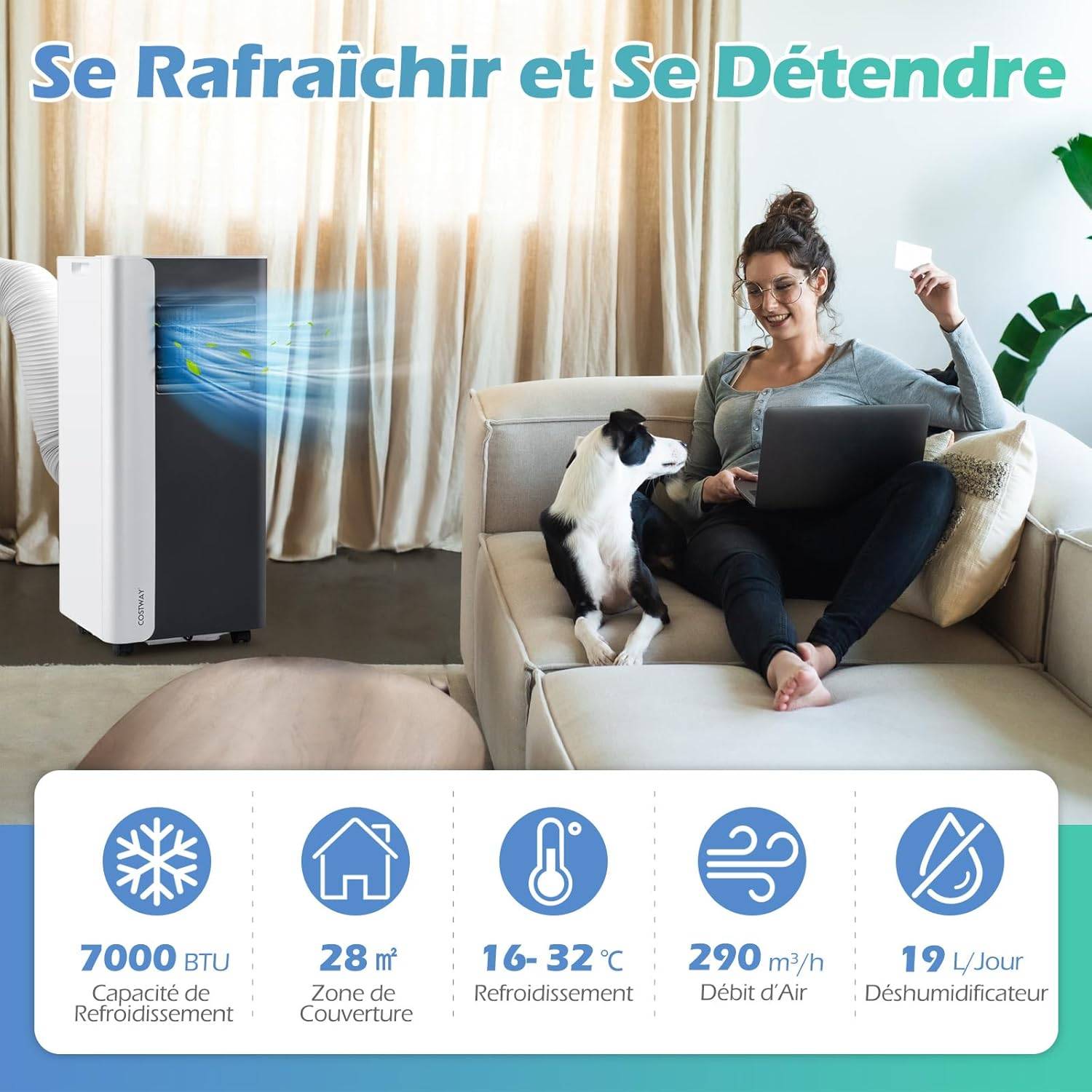 COSTWAY Climatiseur Mobile Silencieux 7000 BTU, 4 EN 1 Climatiseur Portable, Déshumidificateur, Ventilateur, Minuterie 24H [Classe énergétique A] - Image 2